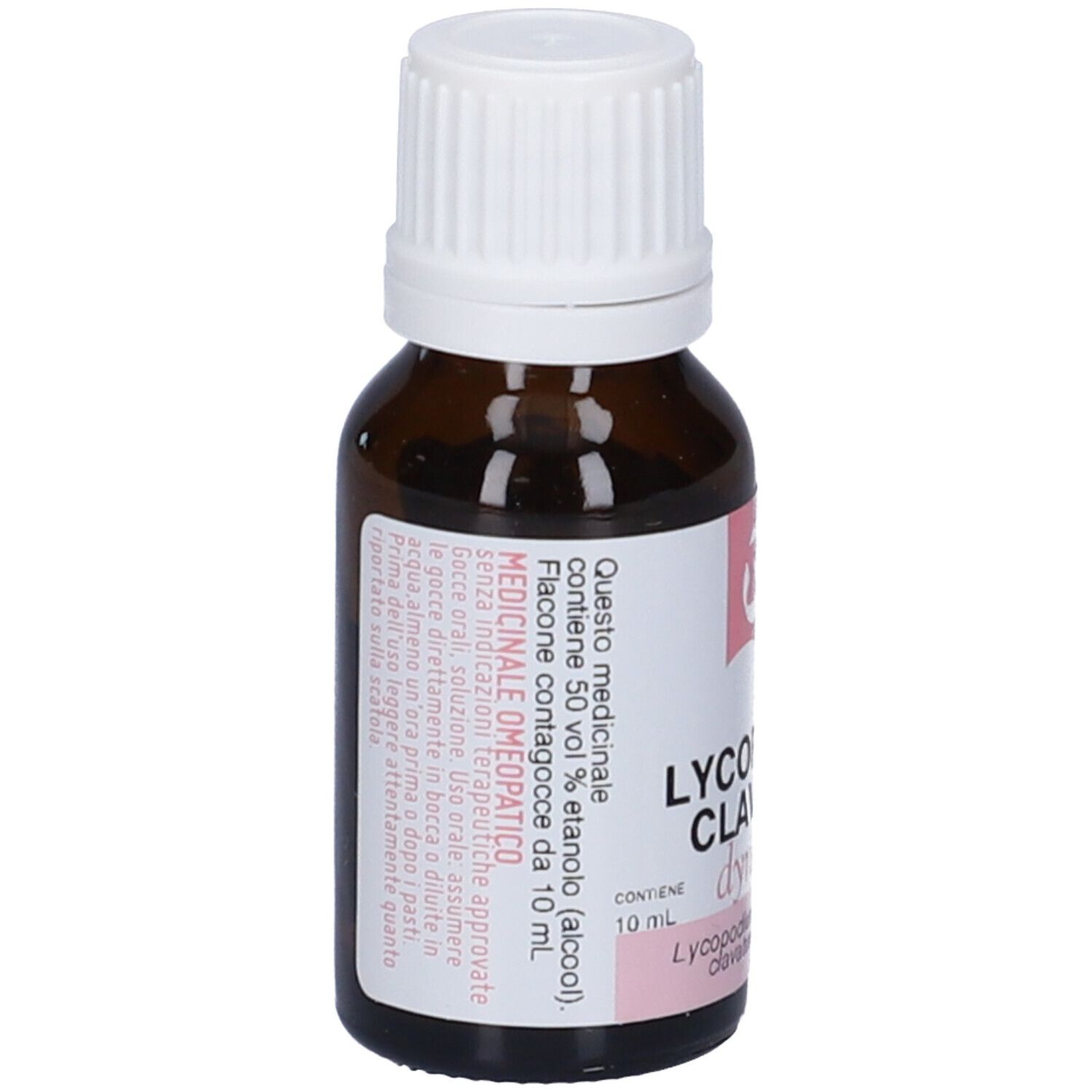 Flacone di vetro marrone con tappo bianco. Etichetta con informazioni sul prodotto. Testo: Prodotto medico. Contiene 50% etanolo.