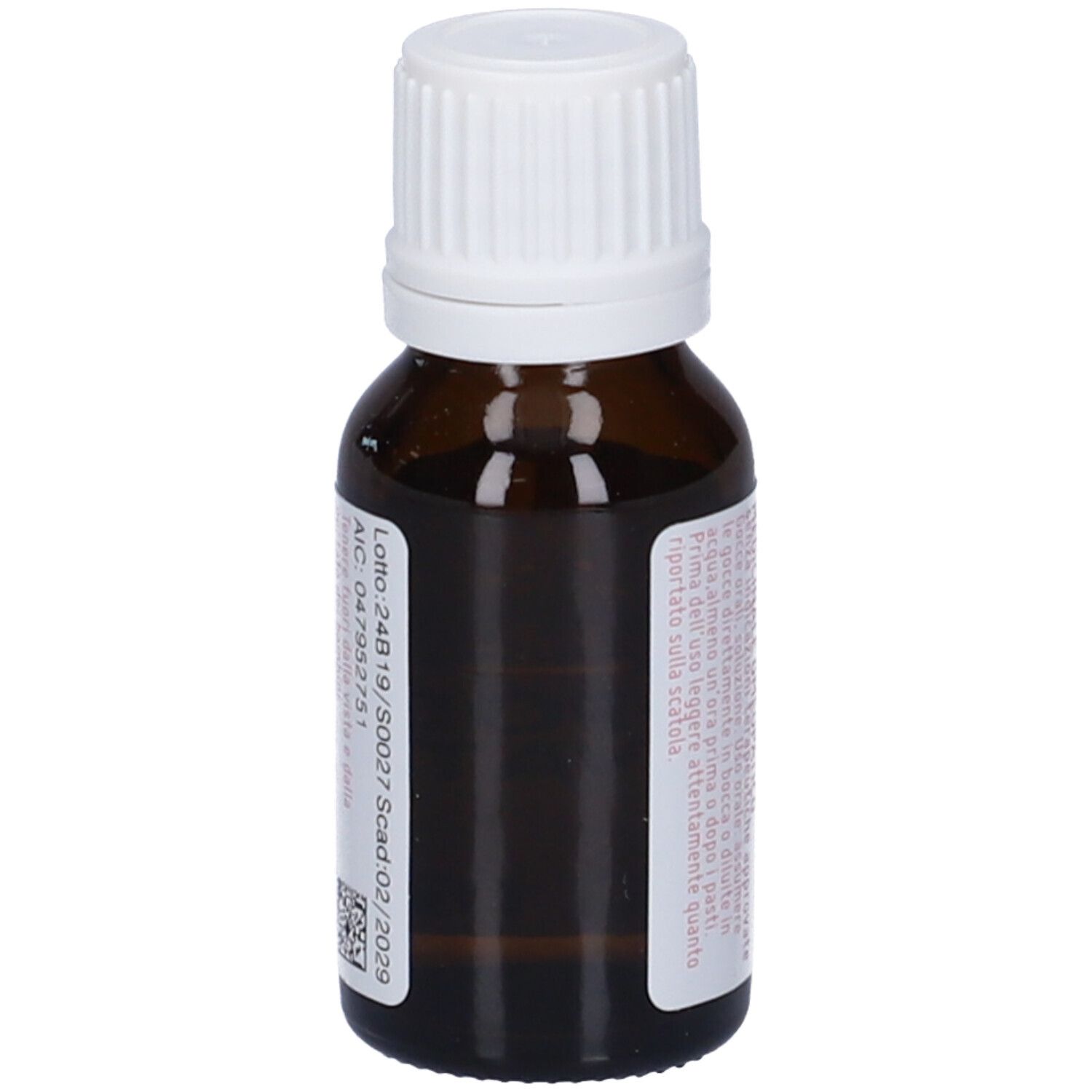 Flacone di vetro marrone con tappo bianco. Etichetta con informazioni sul prodotto. Scritta: Numero di lotto e data di scadenza.