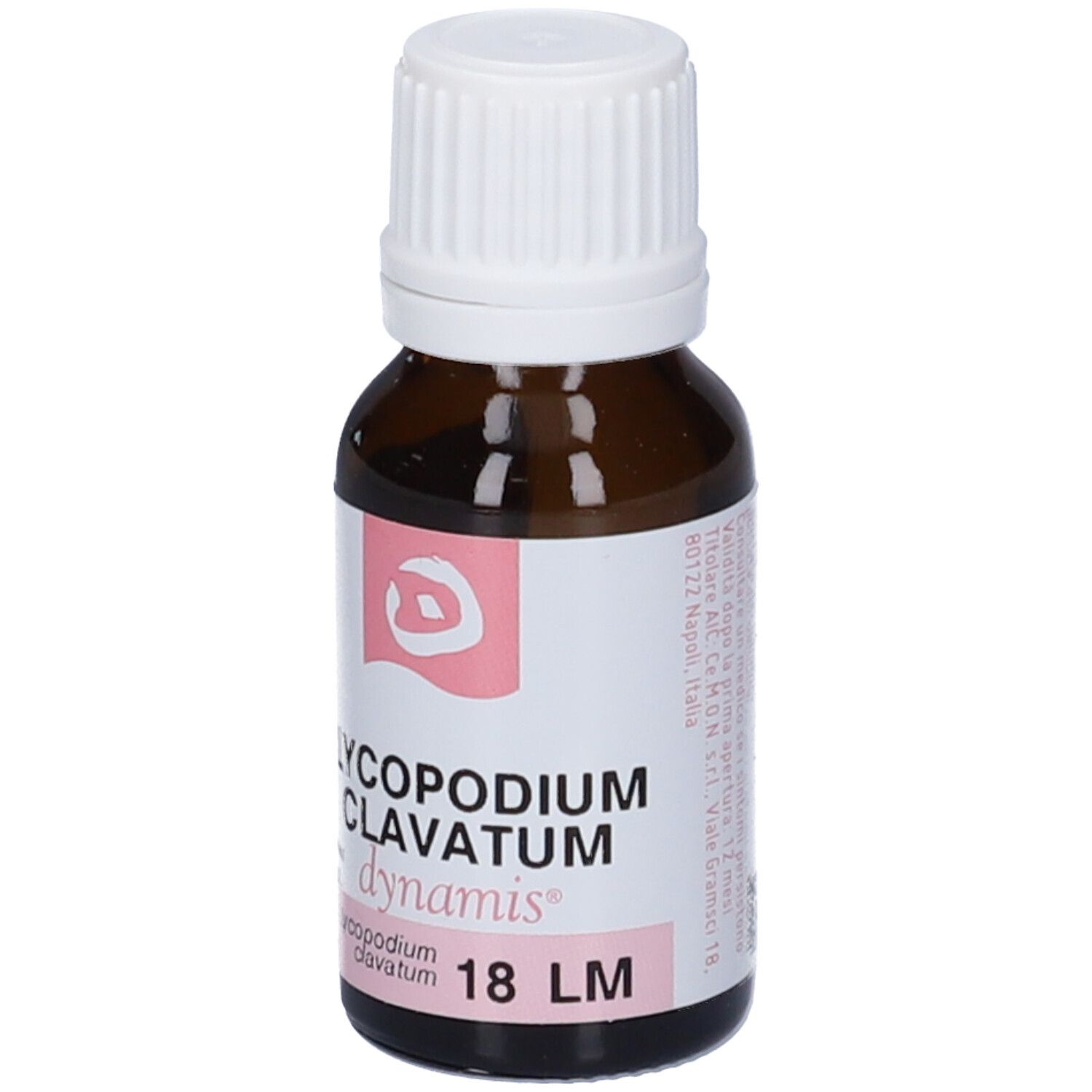 Flacone di vetro marrone con tappo bianco. Etichetta rosa con nome del prodotto. Scritta: Lycopodium Clavatum 18 LM.