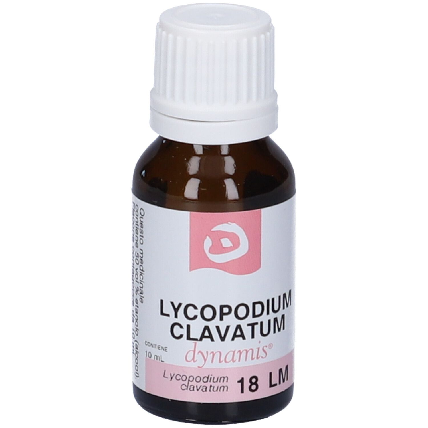 Flacone di vetro marrone con tappo bianco. Etichetta con informazioni sul prodotto. Scritta: 10 ml.