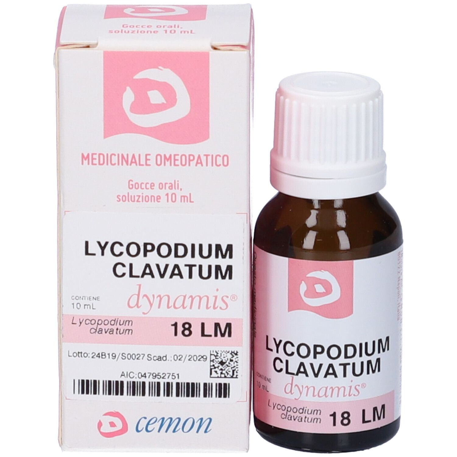 Flacone e confezione del prodotto. Scatola bianca con accenti rosa. Scritta: Lycopodium Clavatum 18 LM. Flacone accanto.