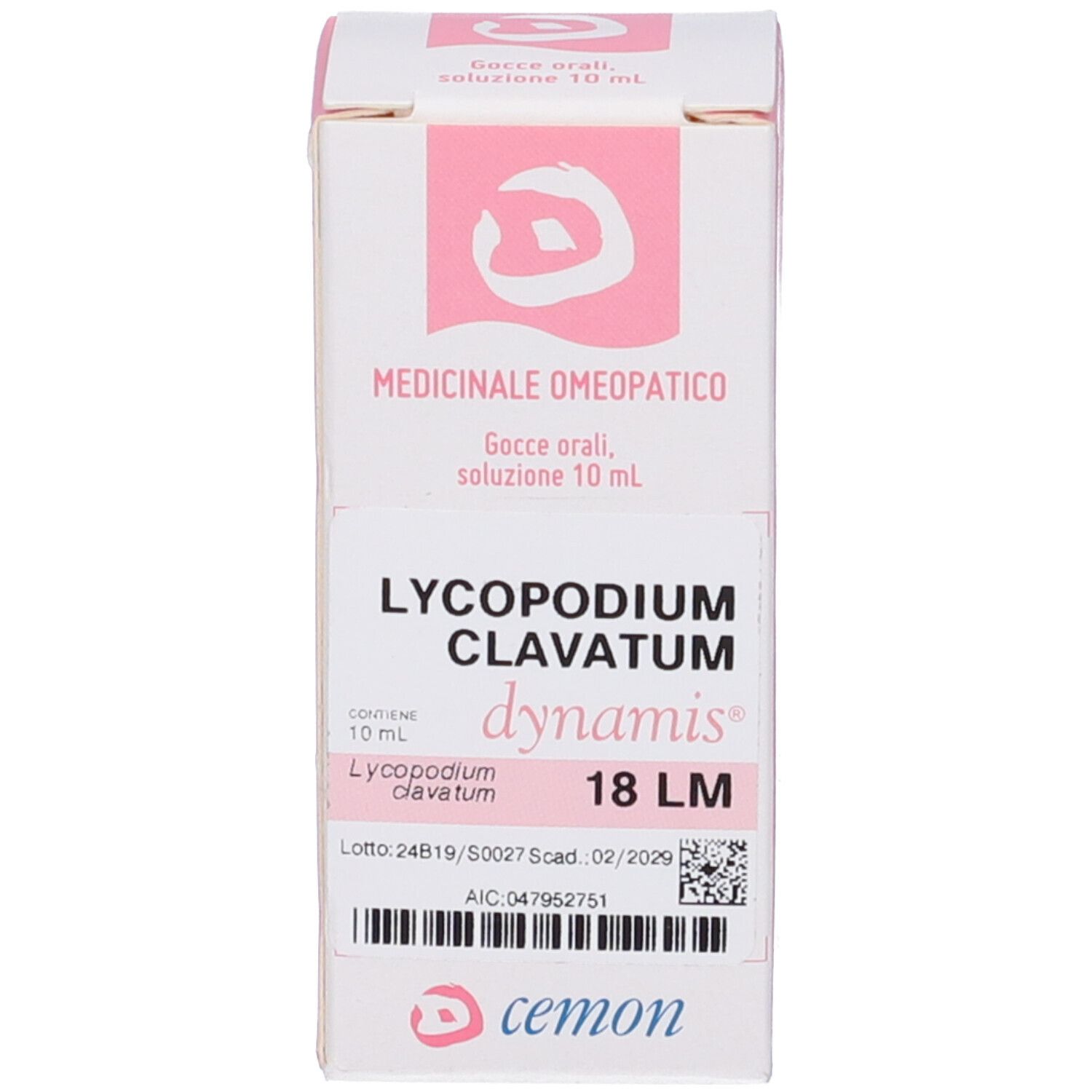 Scatola bianca con accenti rosa. Scritta: Lycopodium Clavatum 18 LM. Nome del prodotto e logo.