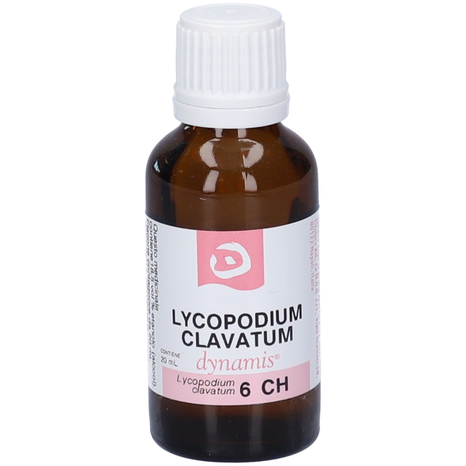 Flacone di vetro marrone con tappo bianco. Etichetta con Lycopodium Clavatum 6 CH.