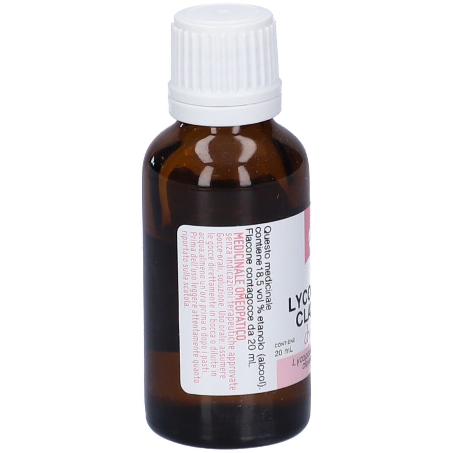 Flacone di vetro marrone con tappo bianco. Etichetta con Lycopodium Clavatum 6 CH.