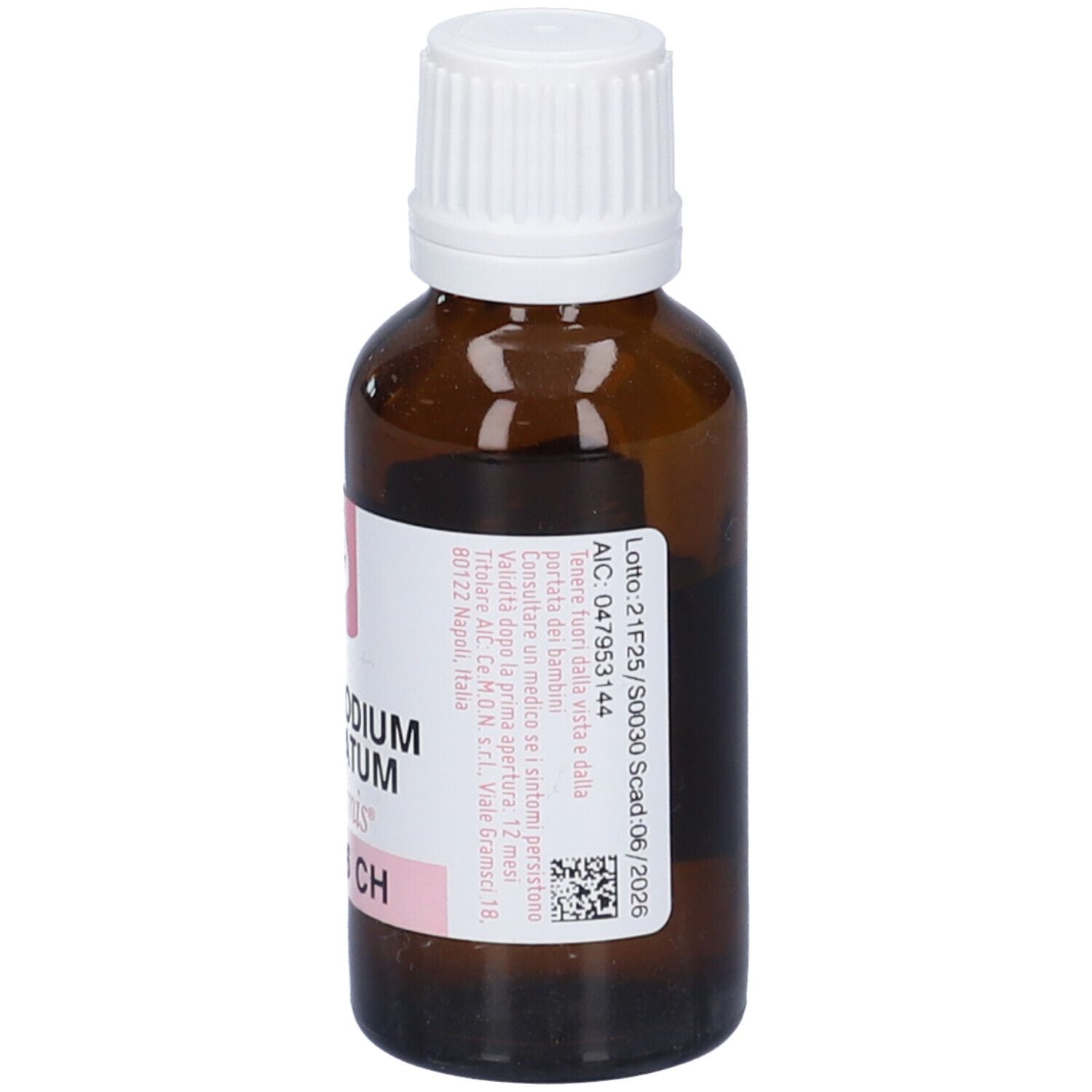 Flacone di vetro marrone con tappo bianco. Etichetta con Lycopodium Clavatum 6 CH.