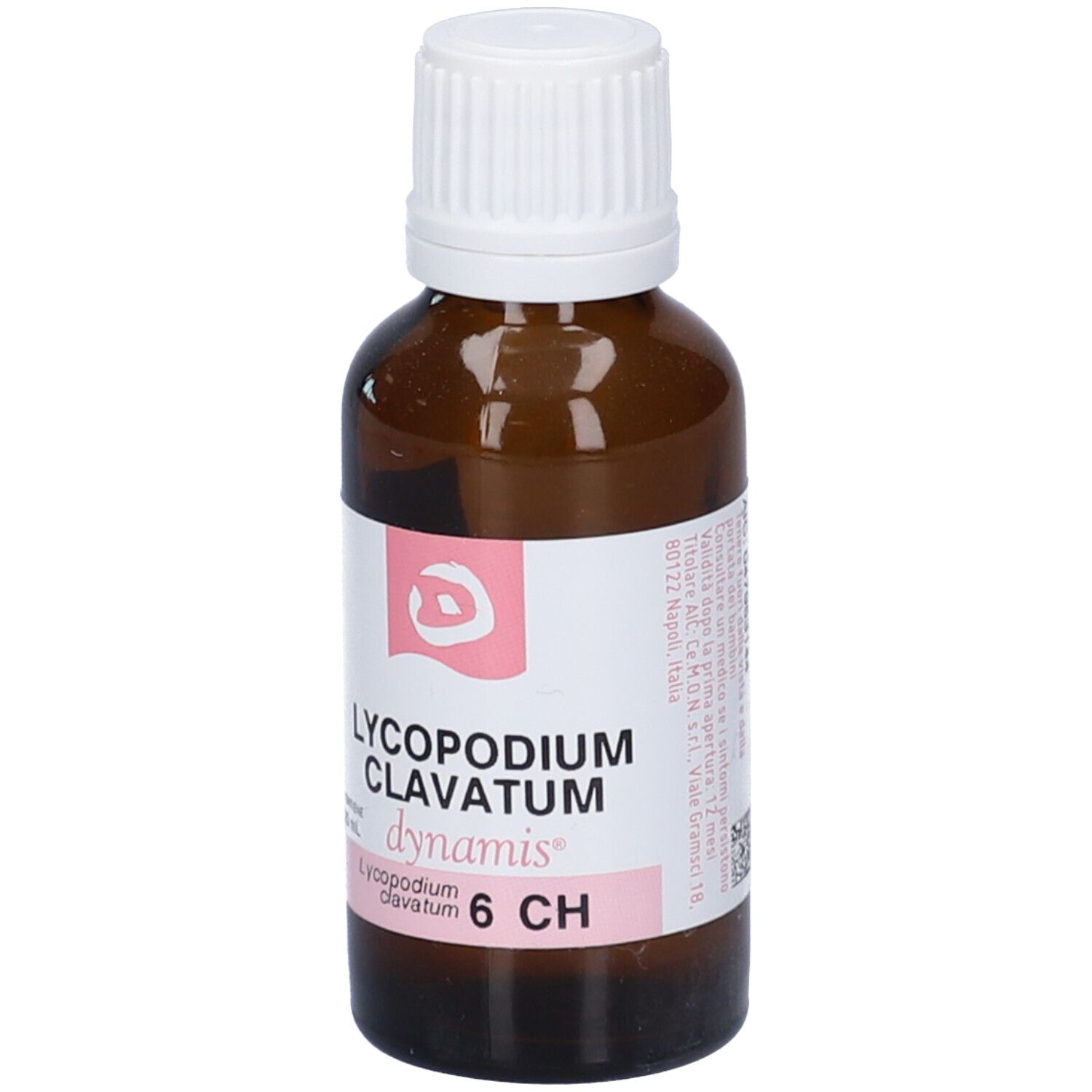 Flacone di vetro marrone con tappo bianco. Etichetta con Lycopodium Clavatum 6 CH.