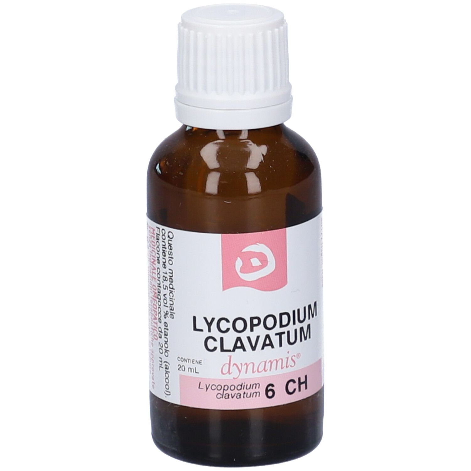 Flacone di vetro marrone con tappo bianco. Etichetta con Lycopodium Clavatum 6 CH.