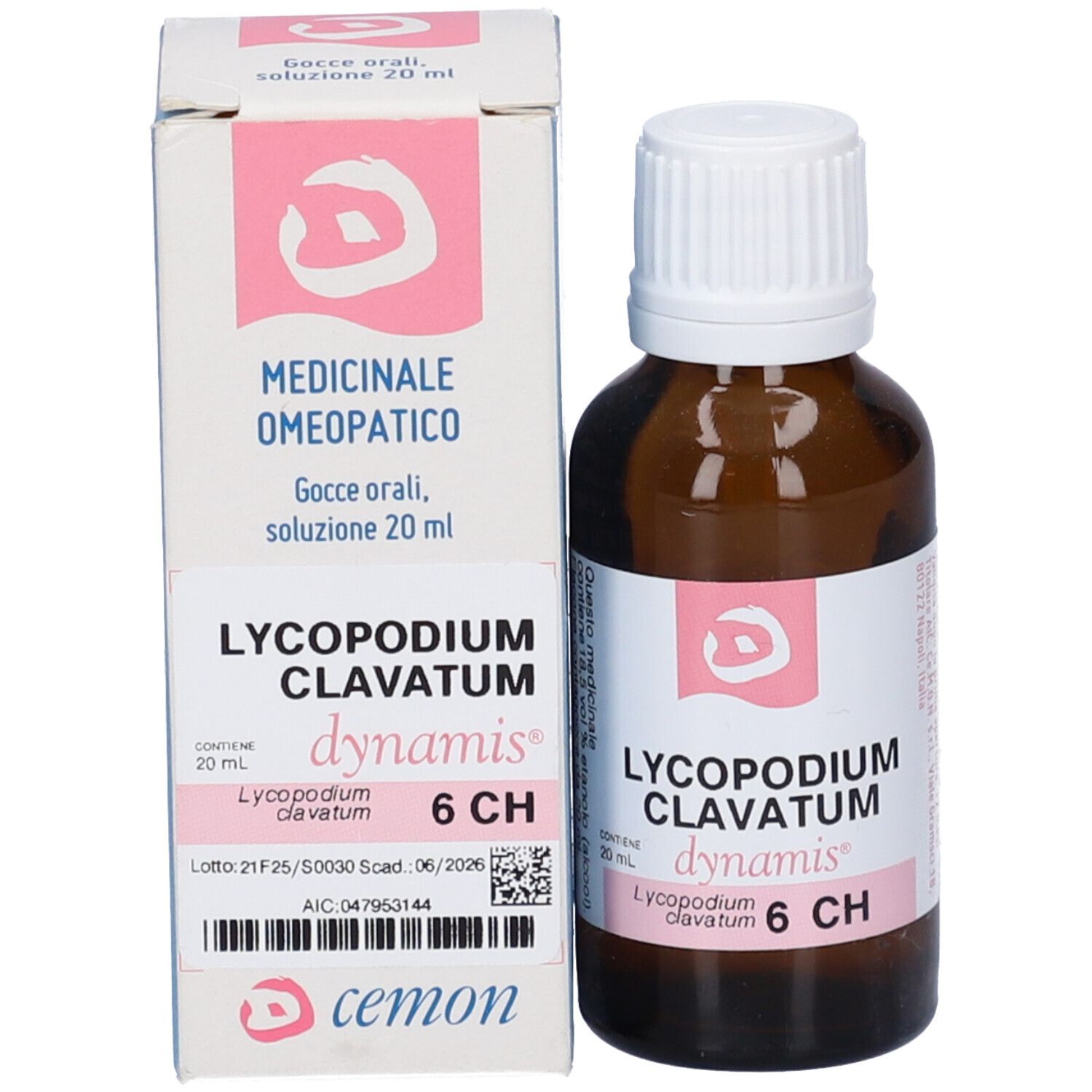 Flacone di vetro marrone con tappo bianco e una scatola bianca. Lycopodium Clavatum 6 CH su entrambi.