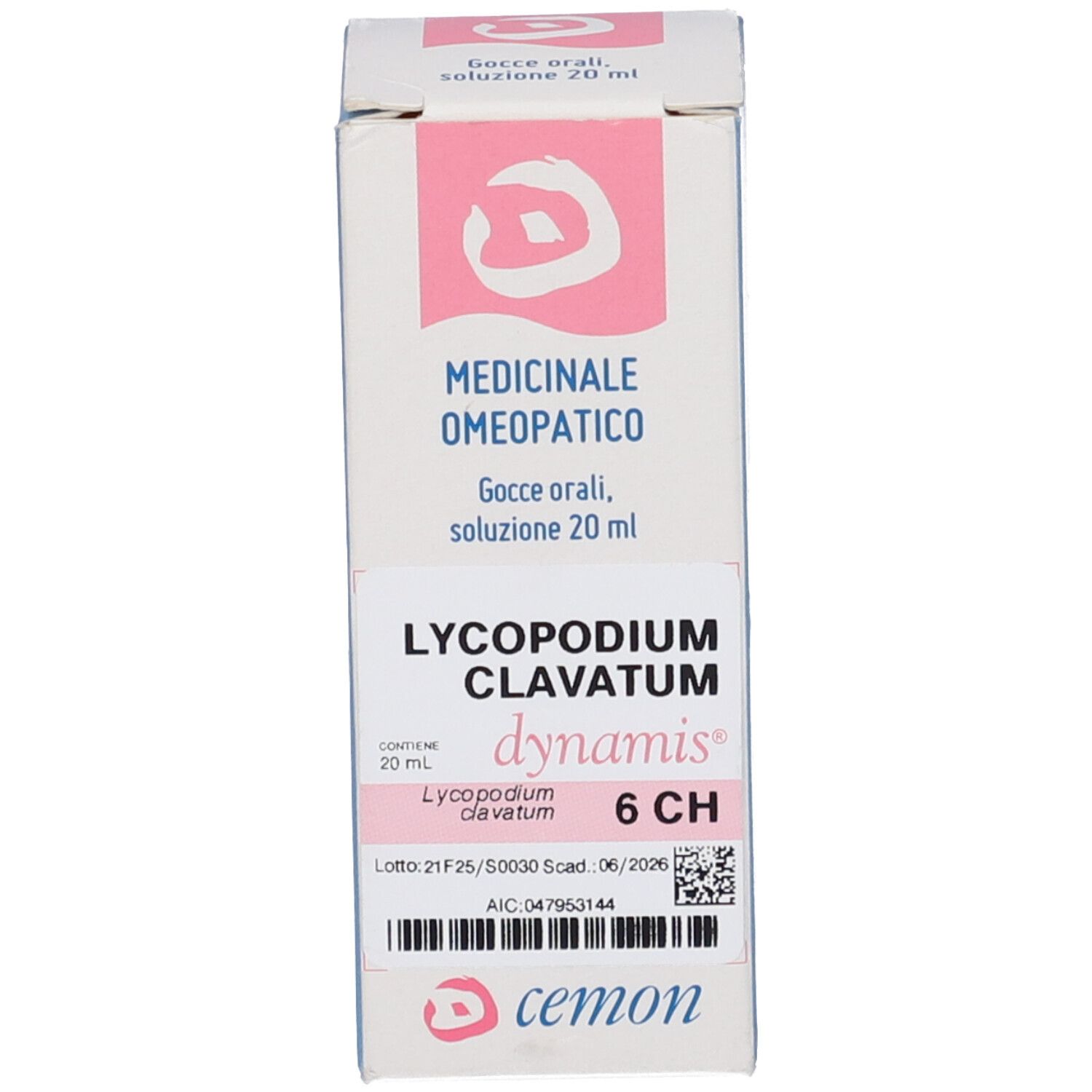 Scatola bianca con logo rosa e testo. Lycopodium Clavatum 6 CH sulla scatola.