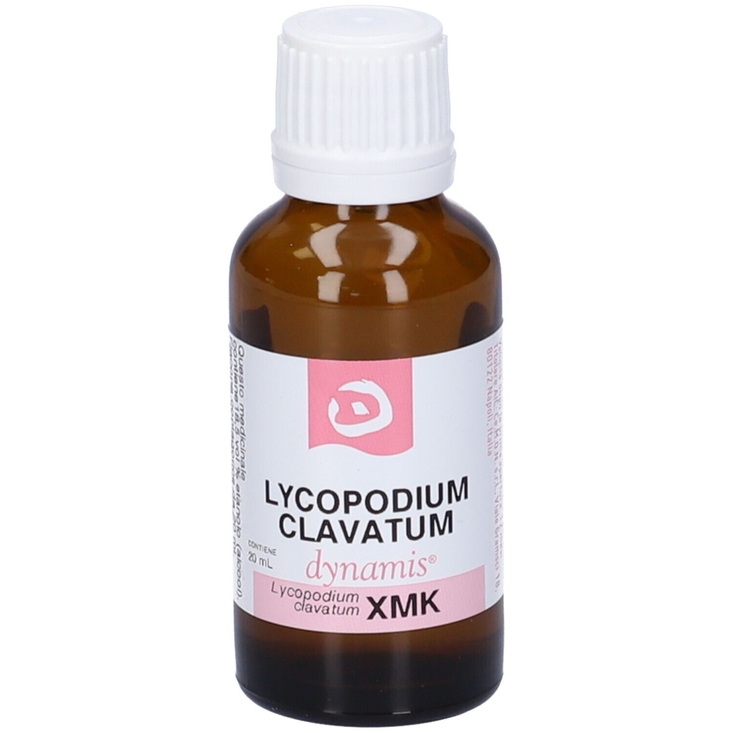 Flacone in vetro marrone con tappo bianco. Etichetta rosa: LYCOPODIUM CLAVATUM, dynamis, XMK.