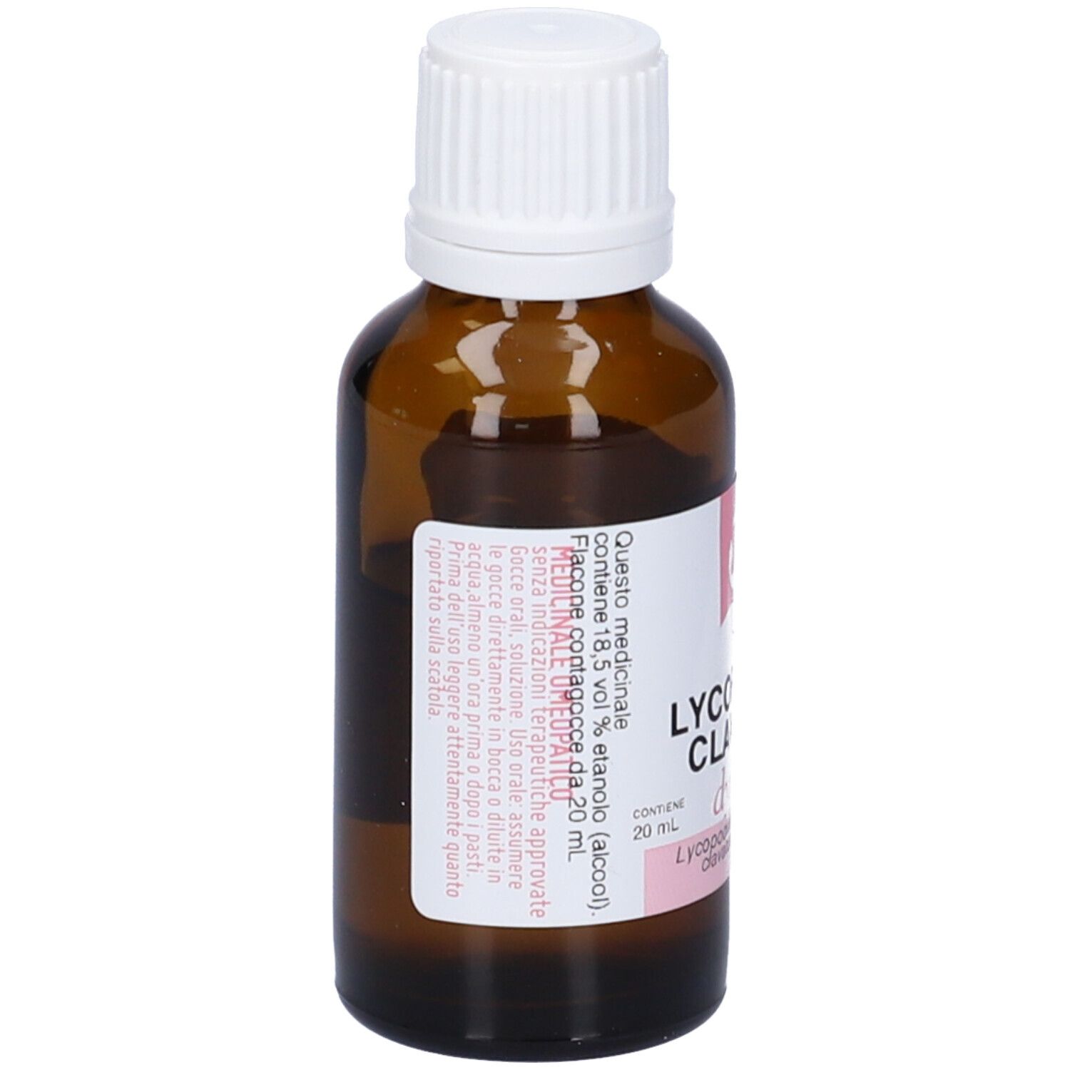 Flacone in vetro marrone con tappo bianco. Etichetta rosa con testo.