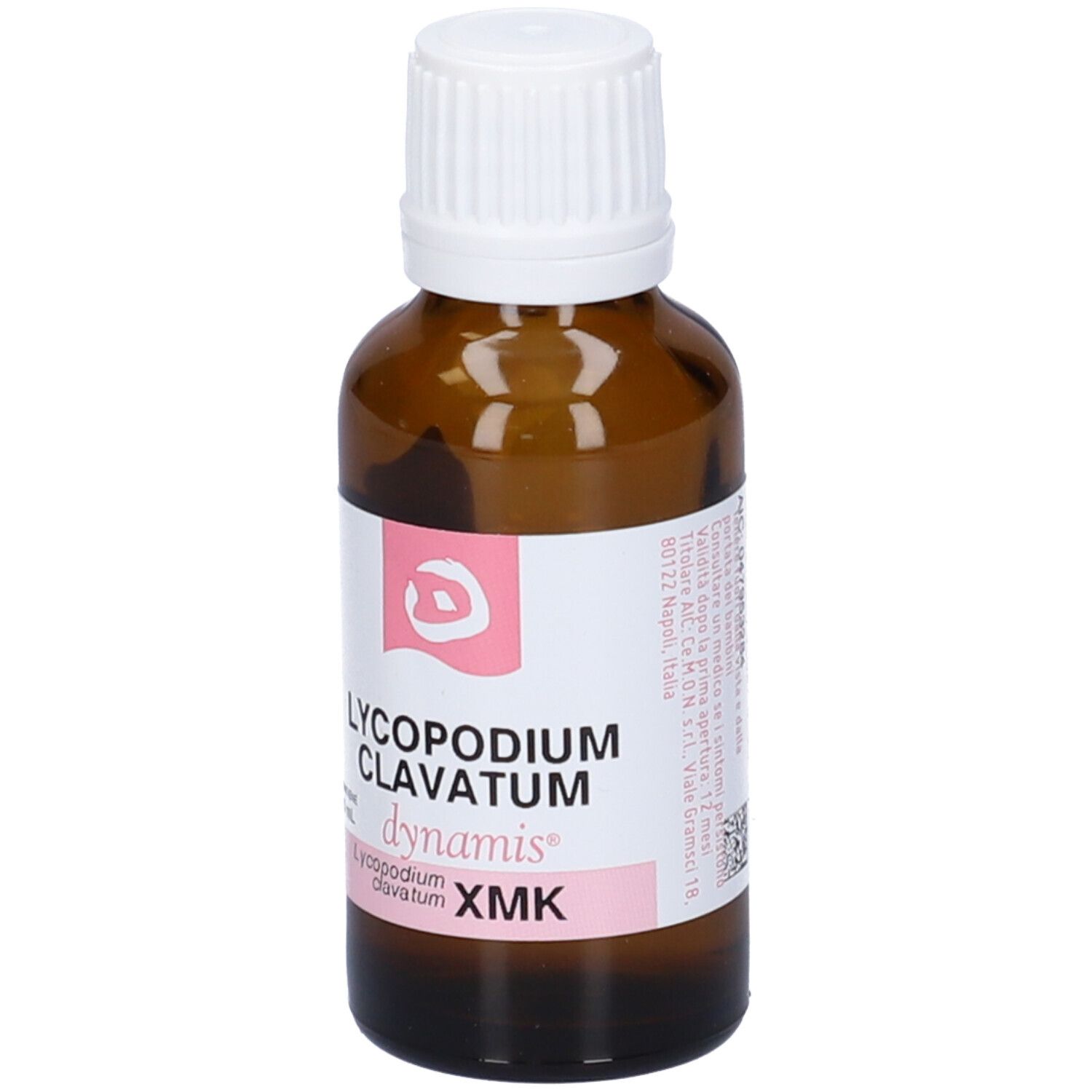 Flacone in vetro marrone con tappo bianco. Etichetta rosa: LYCOPODIUM CLAVATUM, dynamis, XMK.