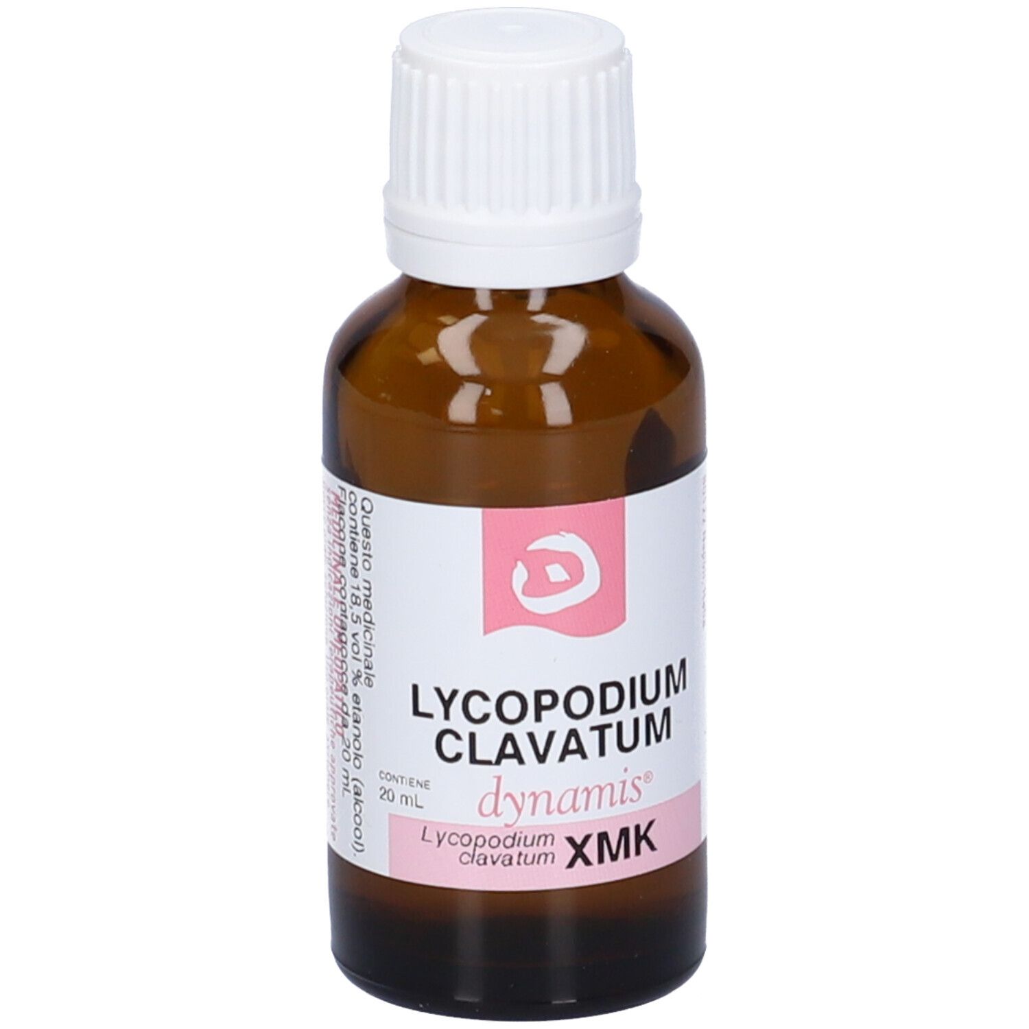 Flacone in vetro marrone con tappo bianco. Etichetta rosa: LYCOPODIUM CLAVATUM, dynamis, XMK.