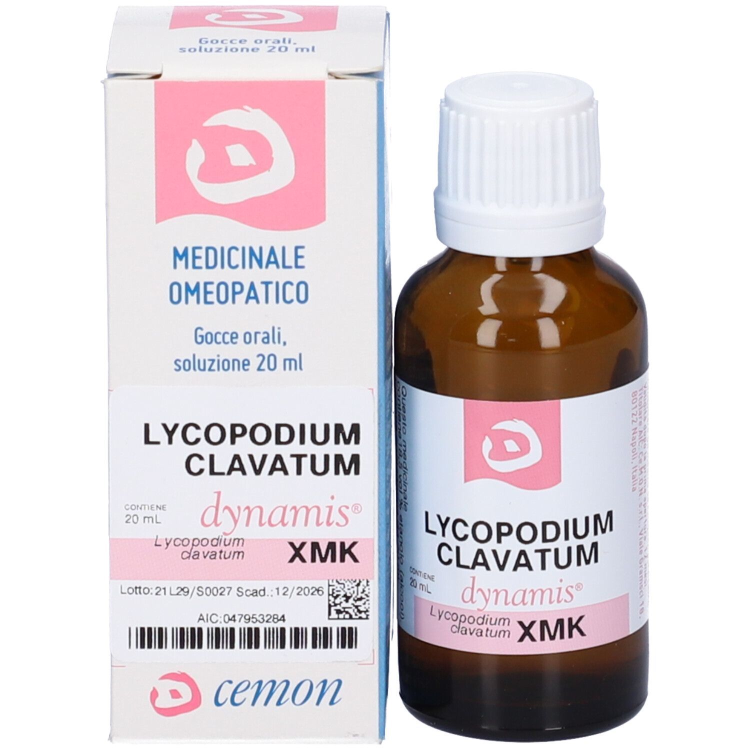 Confezione del prodotto con flacone. Scritta: LYCOPODIUM CLAVATUM, dynamis, XMK. Colori rosa e bianco.