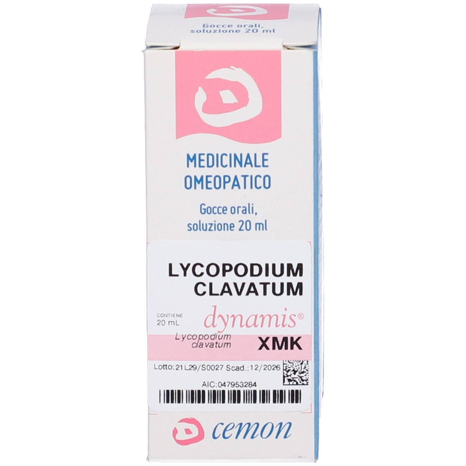 Confezione del prodotto. Scritta: LYCOPODIUM CLAVATUM, dynamis, XMK. Colori rosa e bianco.