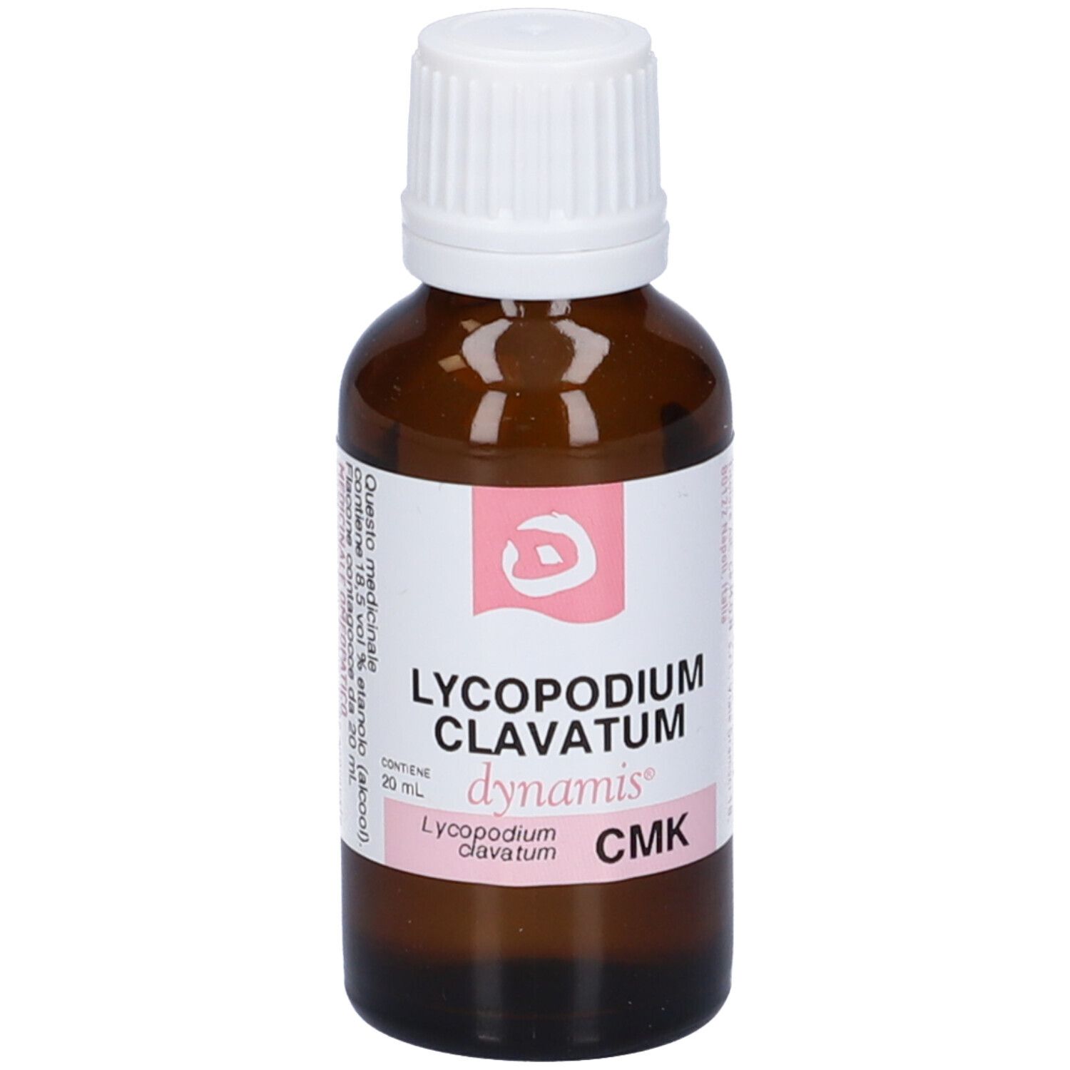 Flacone di vetro marrone con tappo bianco. L'etichetta riporta "Lycopodium clavatum dynamis CMK".