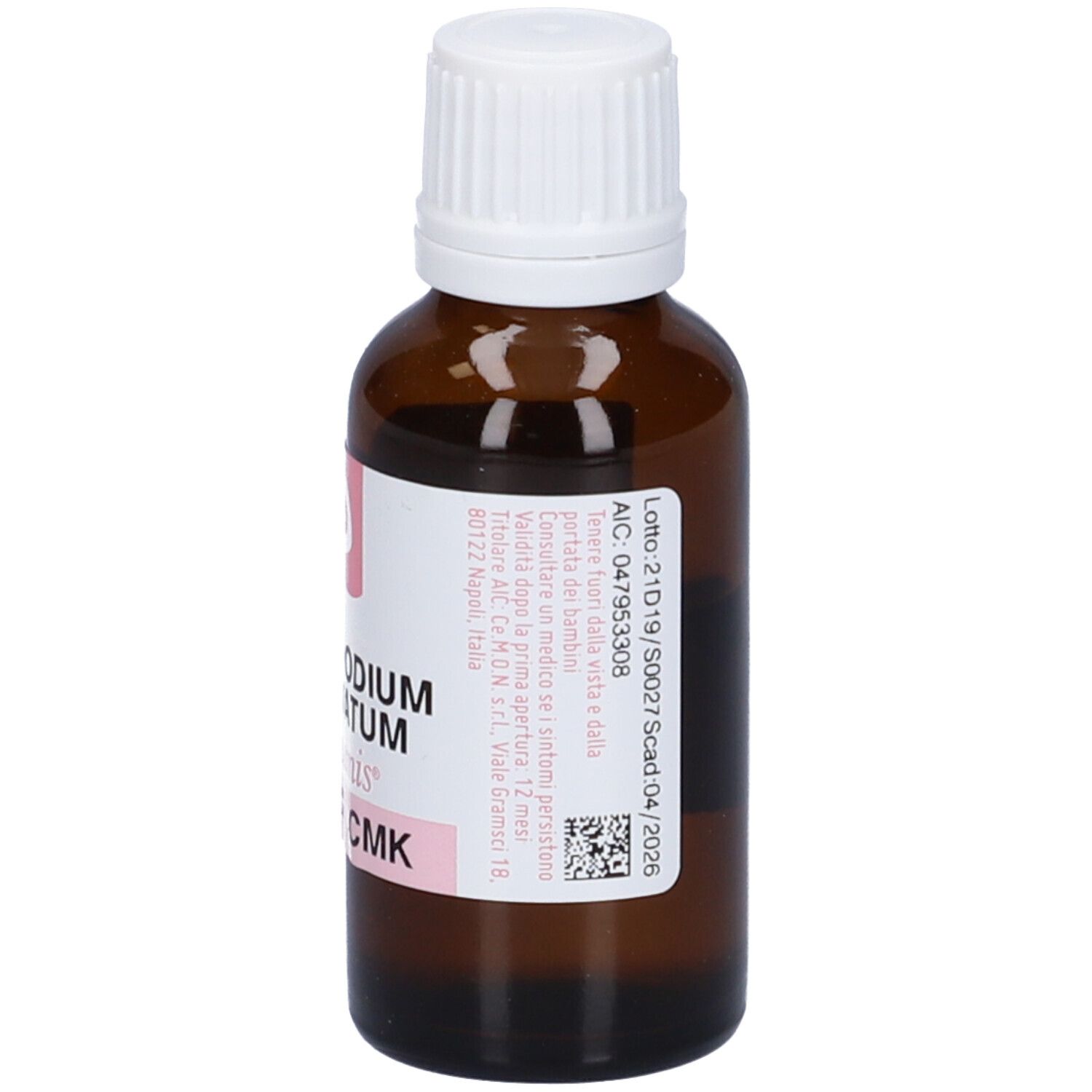 Flacone di vetro marrone con tappo bianco. L'etichetta riporta "Lycopodium clavatum dynamis CMK".