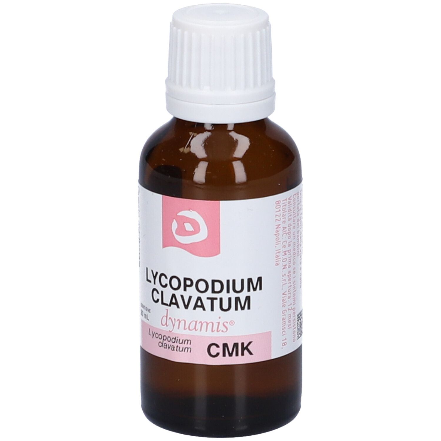 Flacone di vetro marrone con tappo bianco. L'etichetta riporta "Lycopodium clavatum dynamis CMK".
