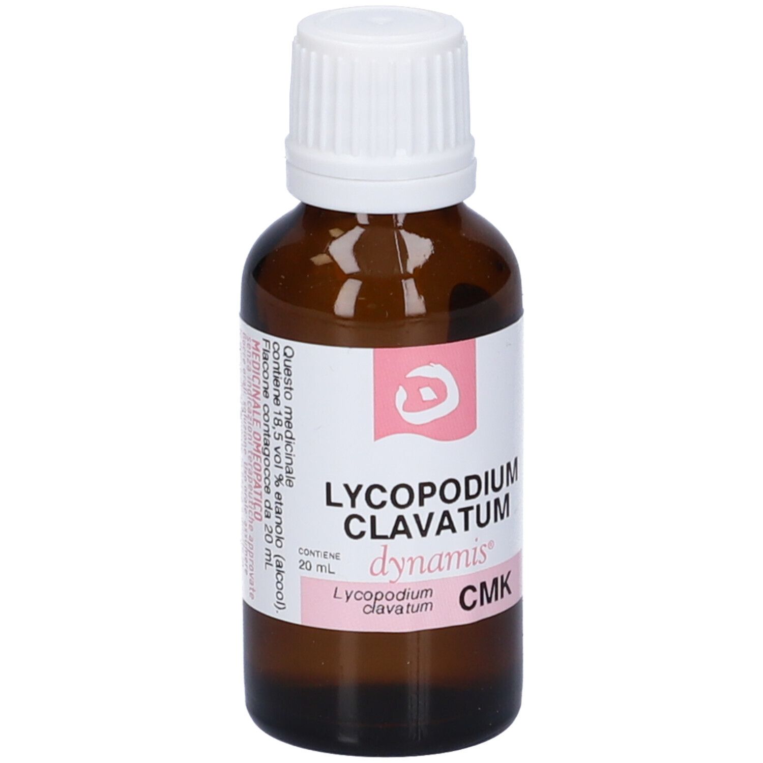 Flacone di vetro marrone con tappo bianco. L'etichetta riporta "Lycopodium clavatum dynamis CMK".