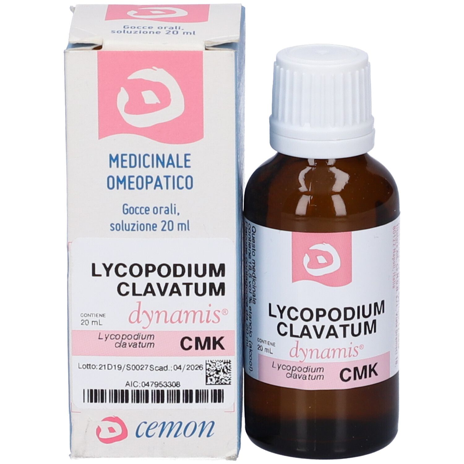 Flacone di vetro marrone con tappo bianco e una scatola. L'etichetta riporta "Lycopodium clavatum dynamis CMK".