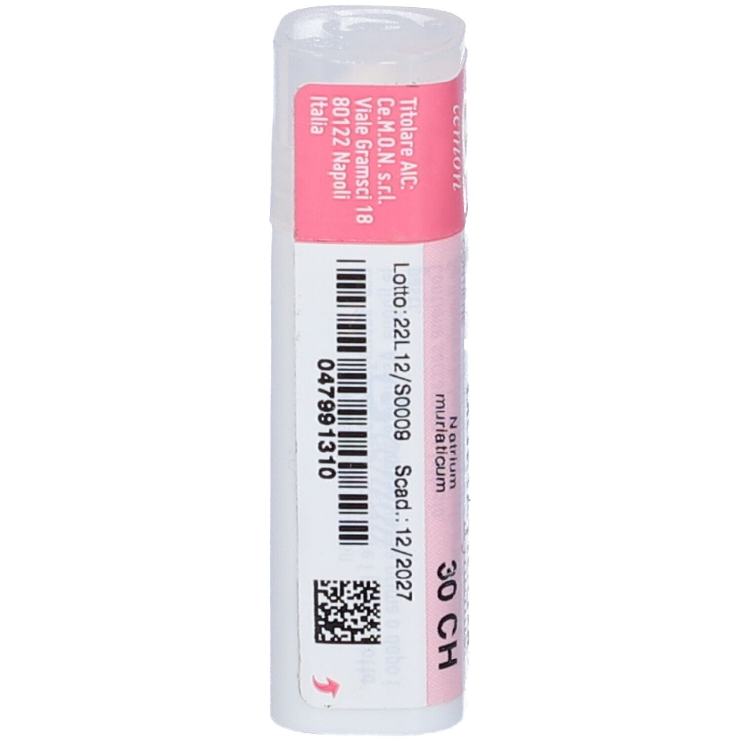 Flacone cilindrico bianco con etichetta rosa. Codice a barre e testo. Scritta: Natrium Muriaticum 30 CH. Marchio: Cemon.