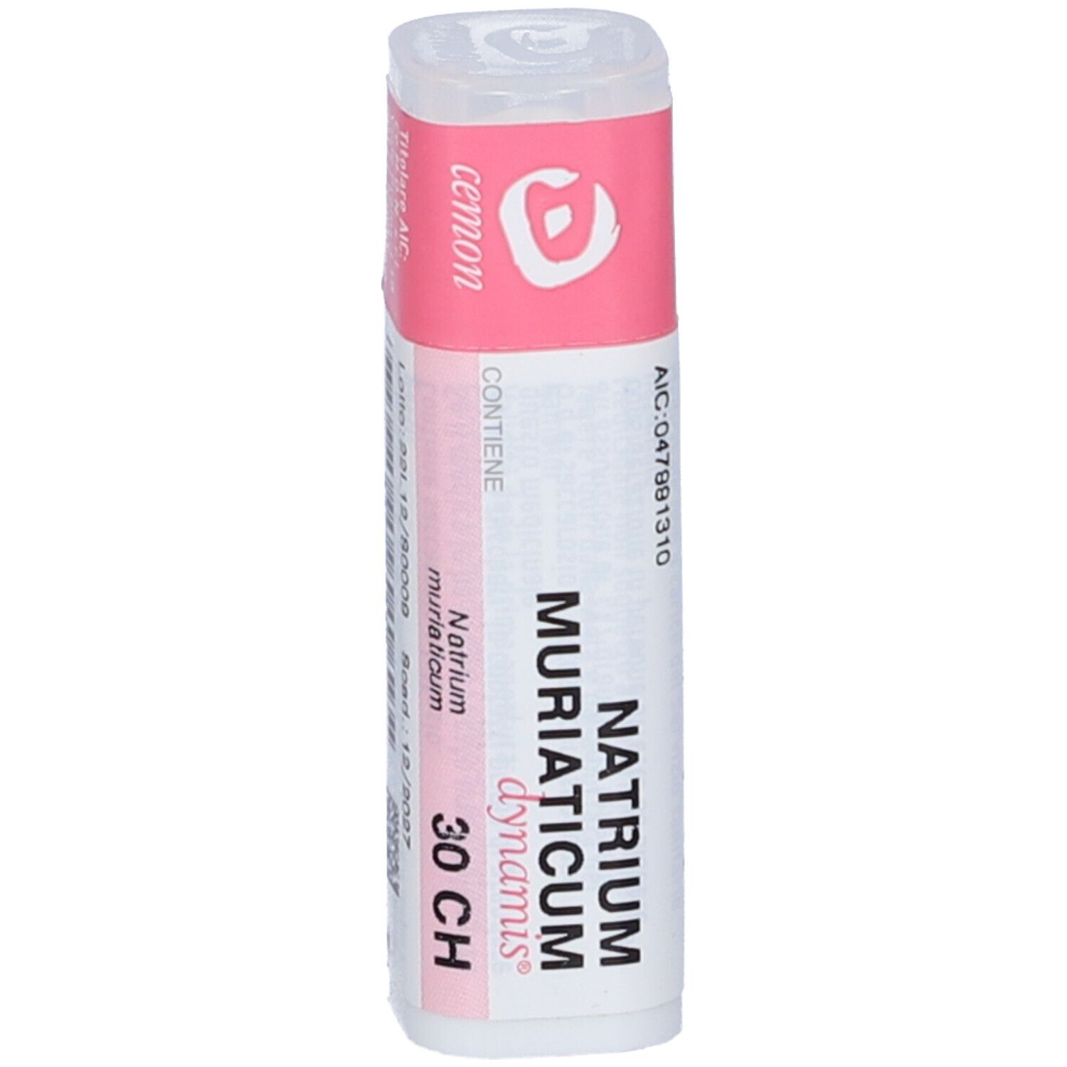 Flacone cilindrico bianco con etichetta rosa. Scritta: Natrium Muriaticum Dynamis 30 CH. Marchio: Cemon.