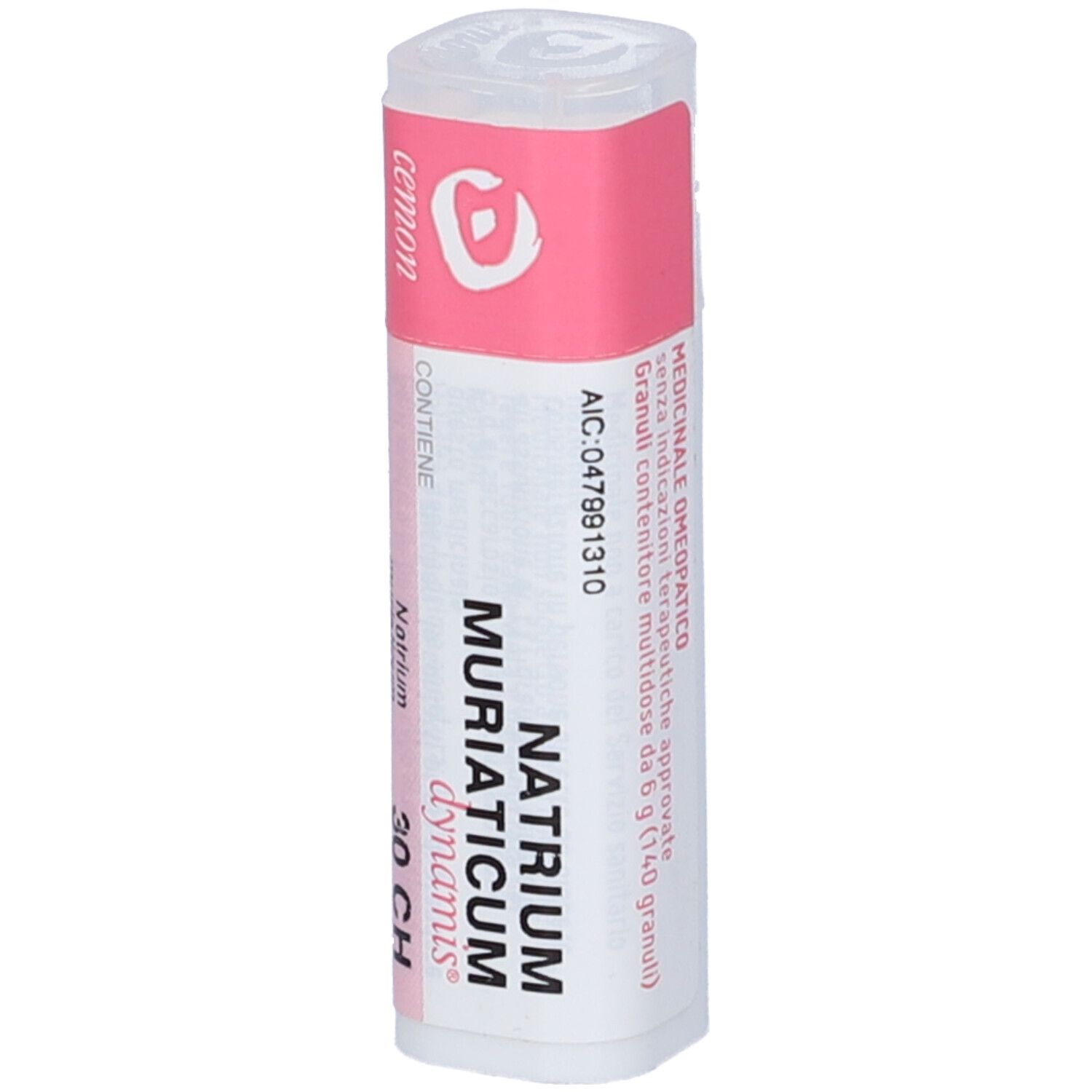 Flacone cilindrico bianco con etichetta rosa. Scritta: Natrium Muriaticum Dynamis 30 CH. Marchio: Cemon.