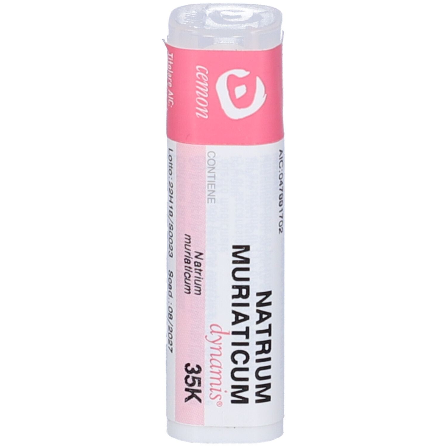 Confezione cilindrica con etichetta rosa. Scritta: Natrium Muriaticum dynamis 35 K. Marchio: Cemon. Dettagli e numero di lotto.