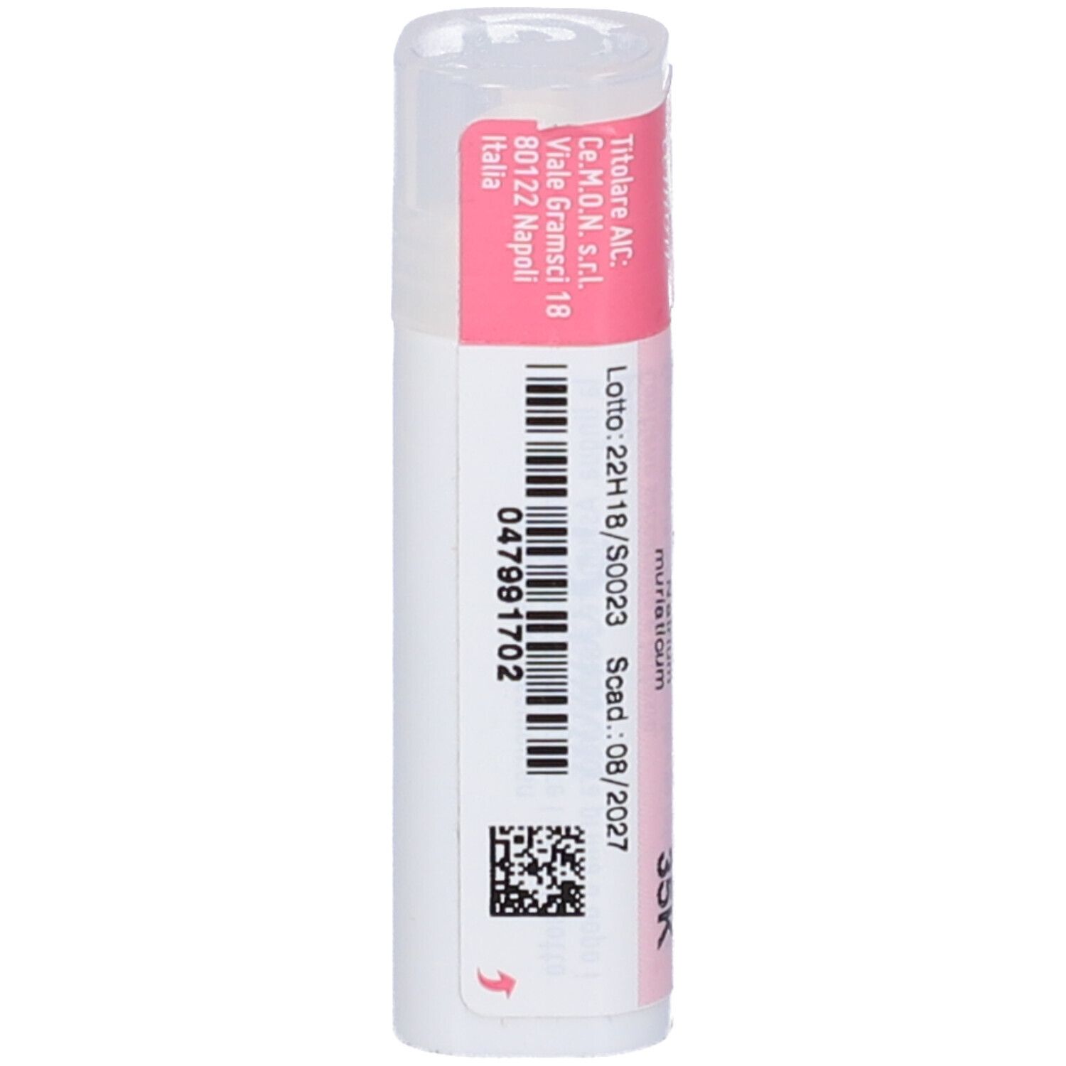 Confezione cilindrica con etichetta rosa. Scritta: Natrium Muriaticum dynamis 35 K. Marchio: Cemon. Dettagli e numero di lotto.