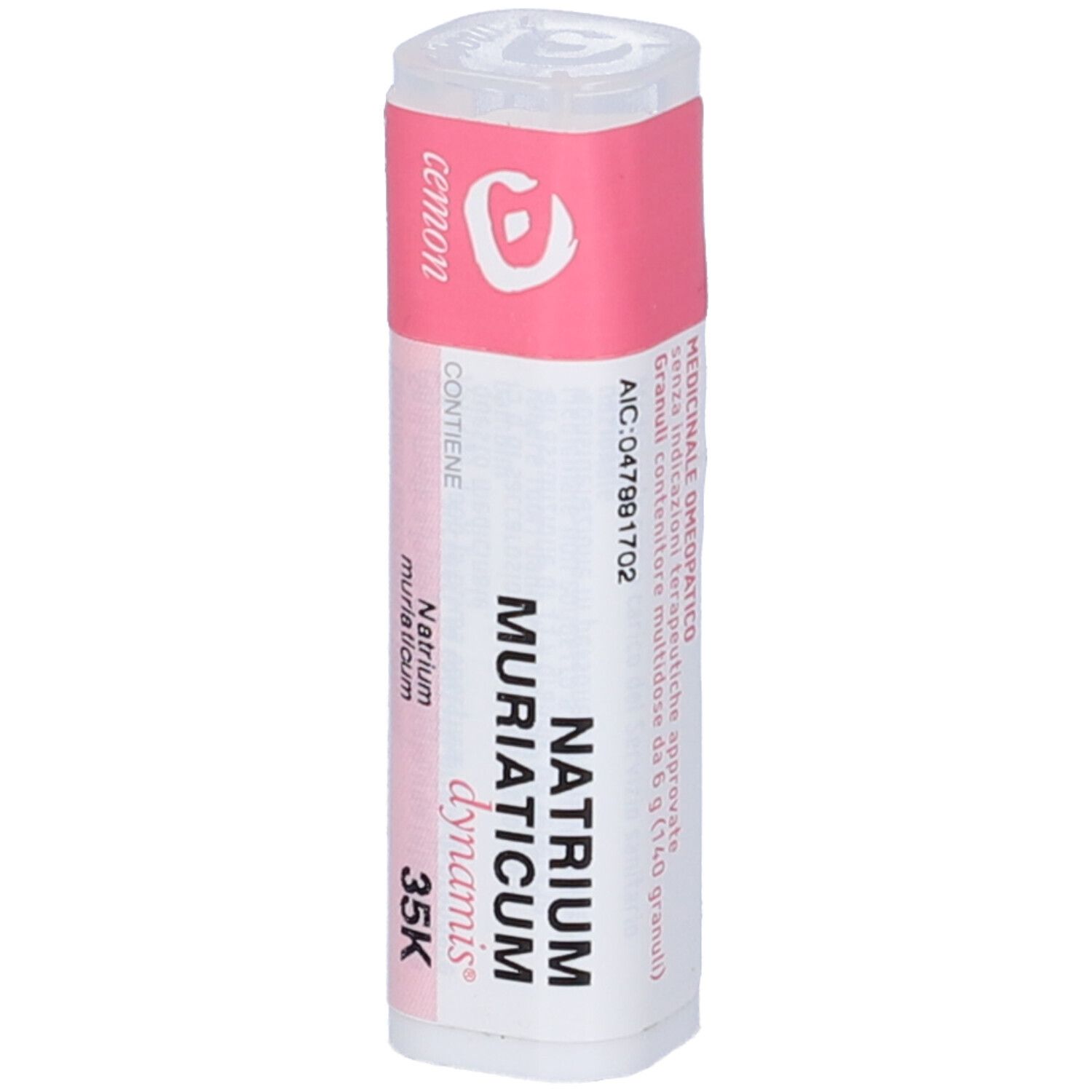 Confezione cilindrica con etichetta rosa. Scritta: Natrium Muriaticum dynamis 35 K. Marchio: Cemon. Dettagli e numero di lotto.