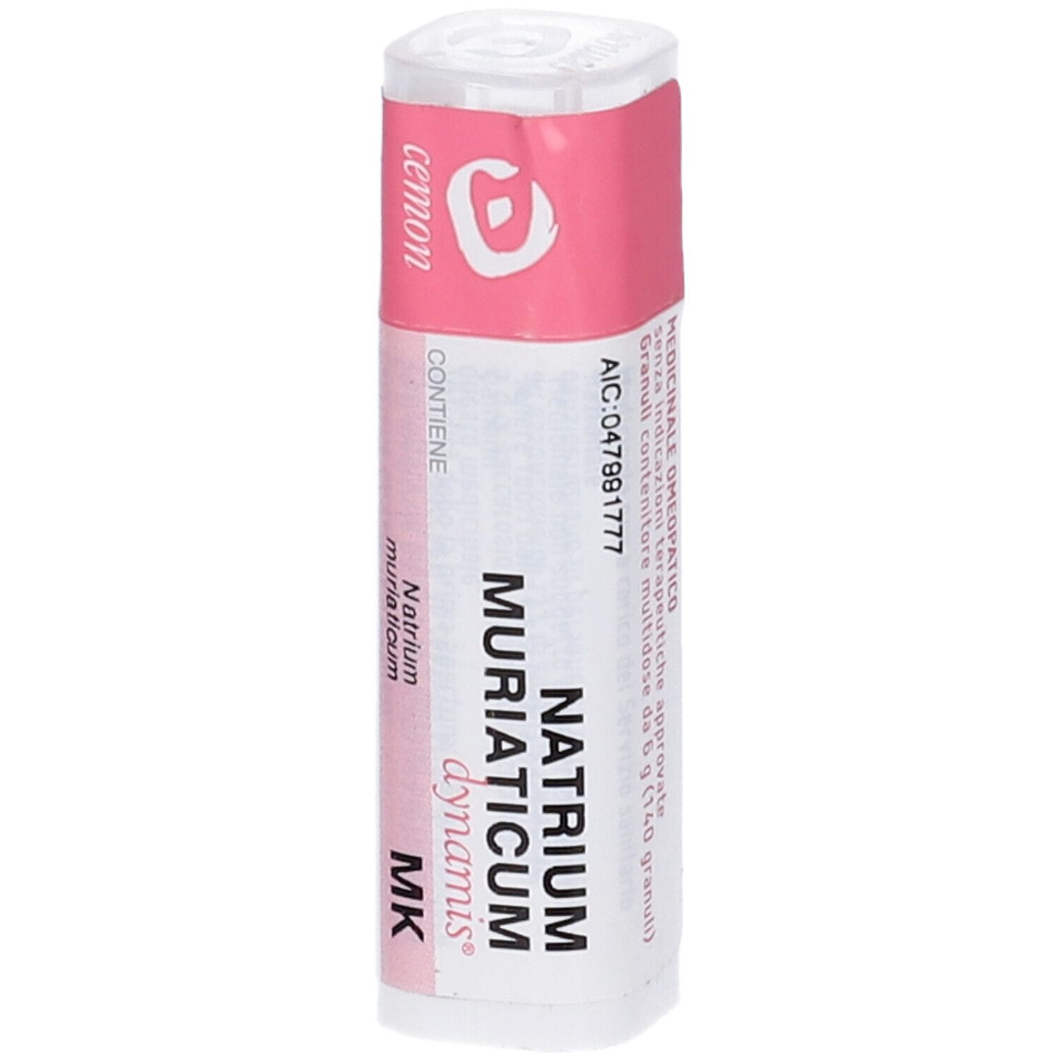 Confezione cilindrica con etichetta rosa. Scritte: Natrium Muriaticum dynamis MK.