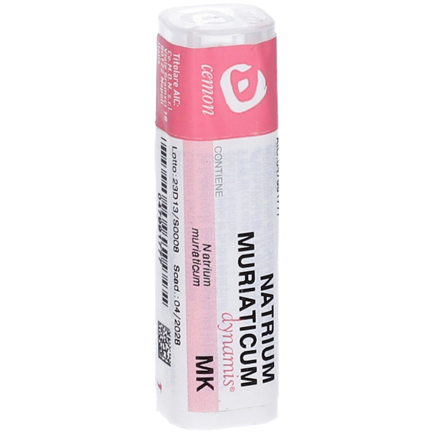 Confezione cilindrica con etichetta rosa. Scritte: Natrium Muriaticum dynamis MK, codice a barre.