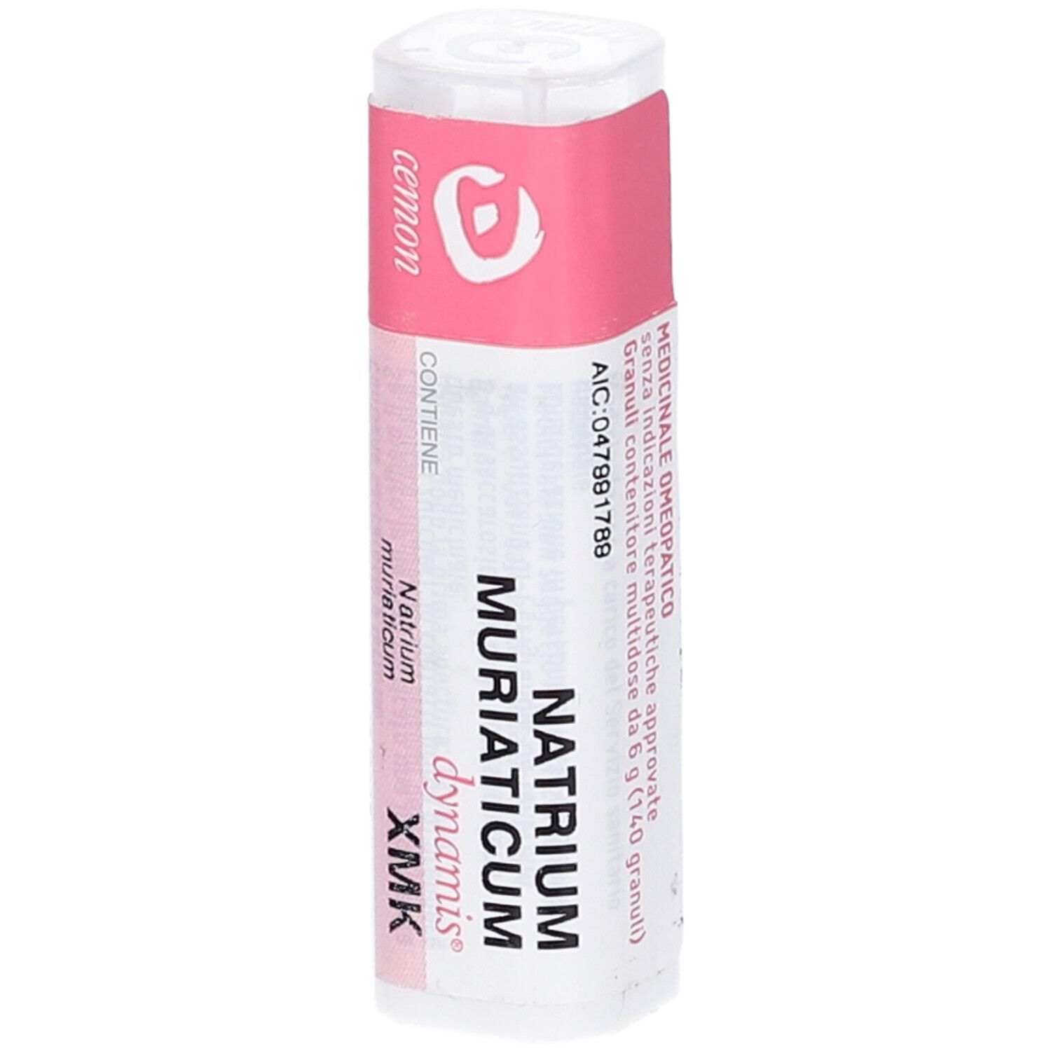 Confezione cilindrica con etichetta rosa. Scritta: Natrium Muriaticum, dynamis, XMK. Medico.