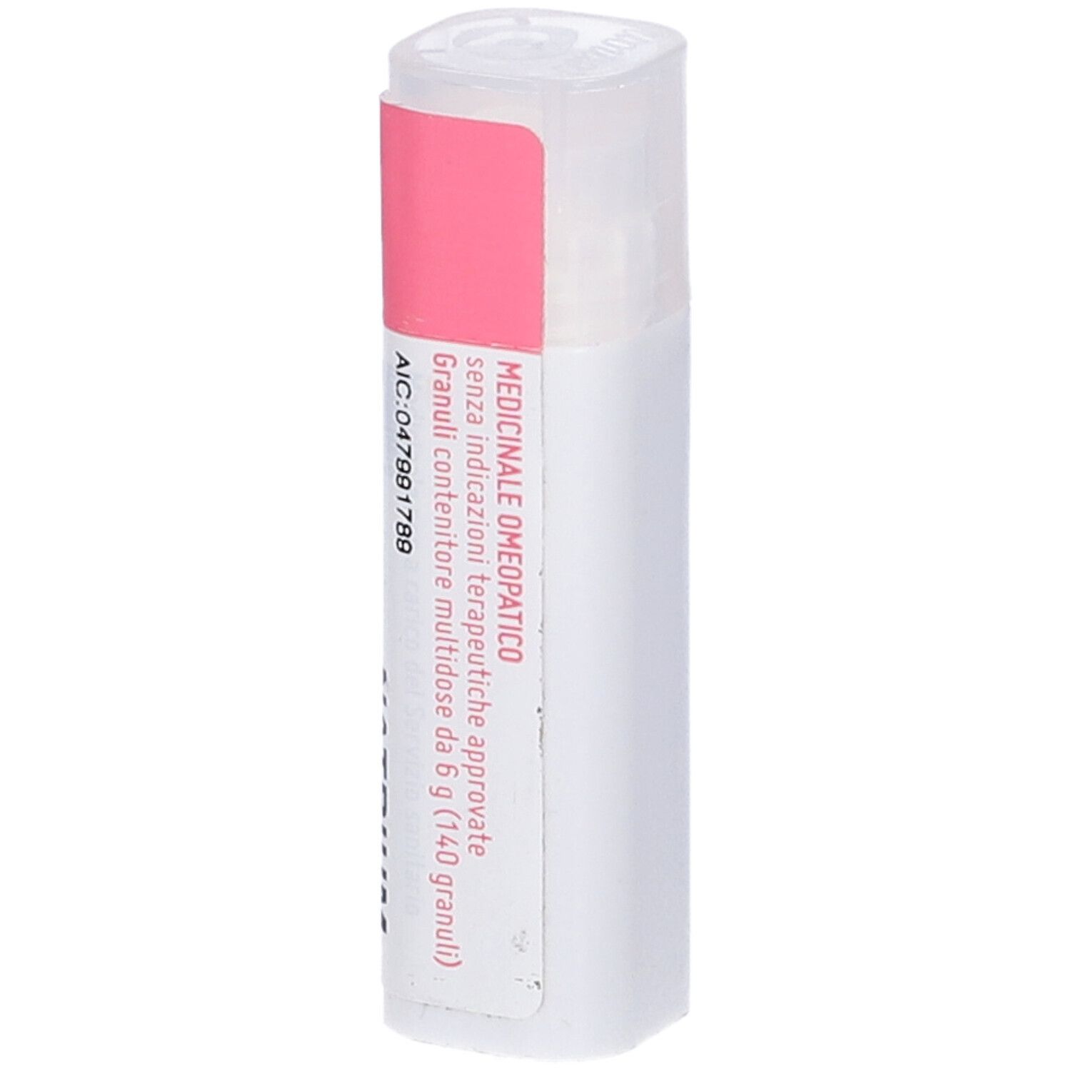 Confezione cilindrica con etichetta rosa. Scritta: Medico, granuli.