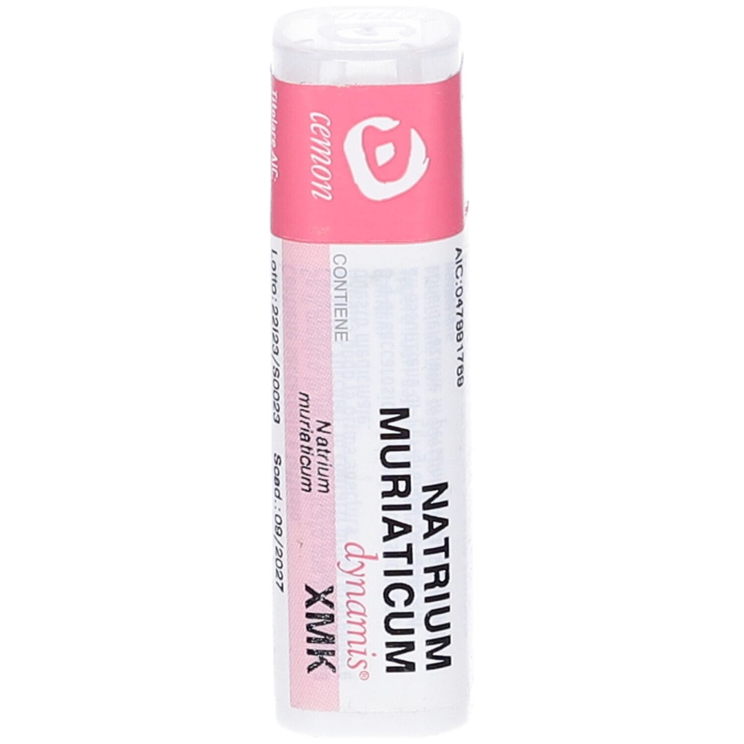 Confezione cilindrica con etichetta rosa. Scritta: Natrium Muriaticum, dynamis, XMK. cemon.