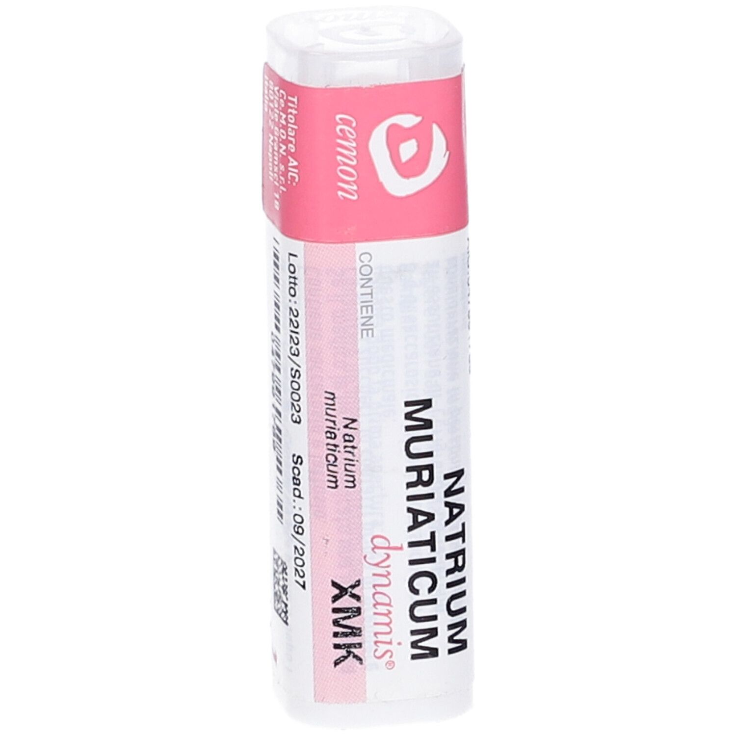 Confezione cilindrica con etichetta rosa. Scritta: Natrium Muriaticum, dynamis, XMK. cemon. Scadenza.