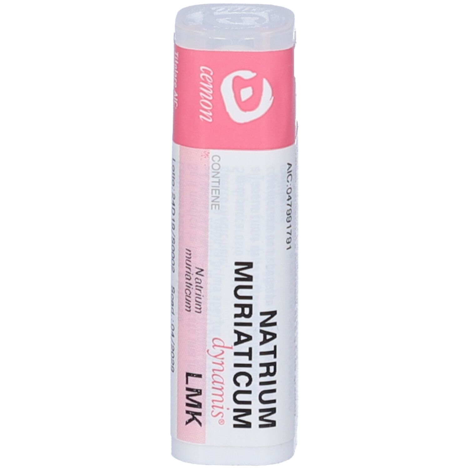Confezione cilindrica con etichetta rosa. Nome prodotto: Natrium Muriaticum Dynamis LMK.
