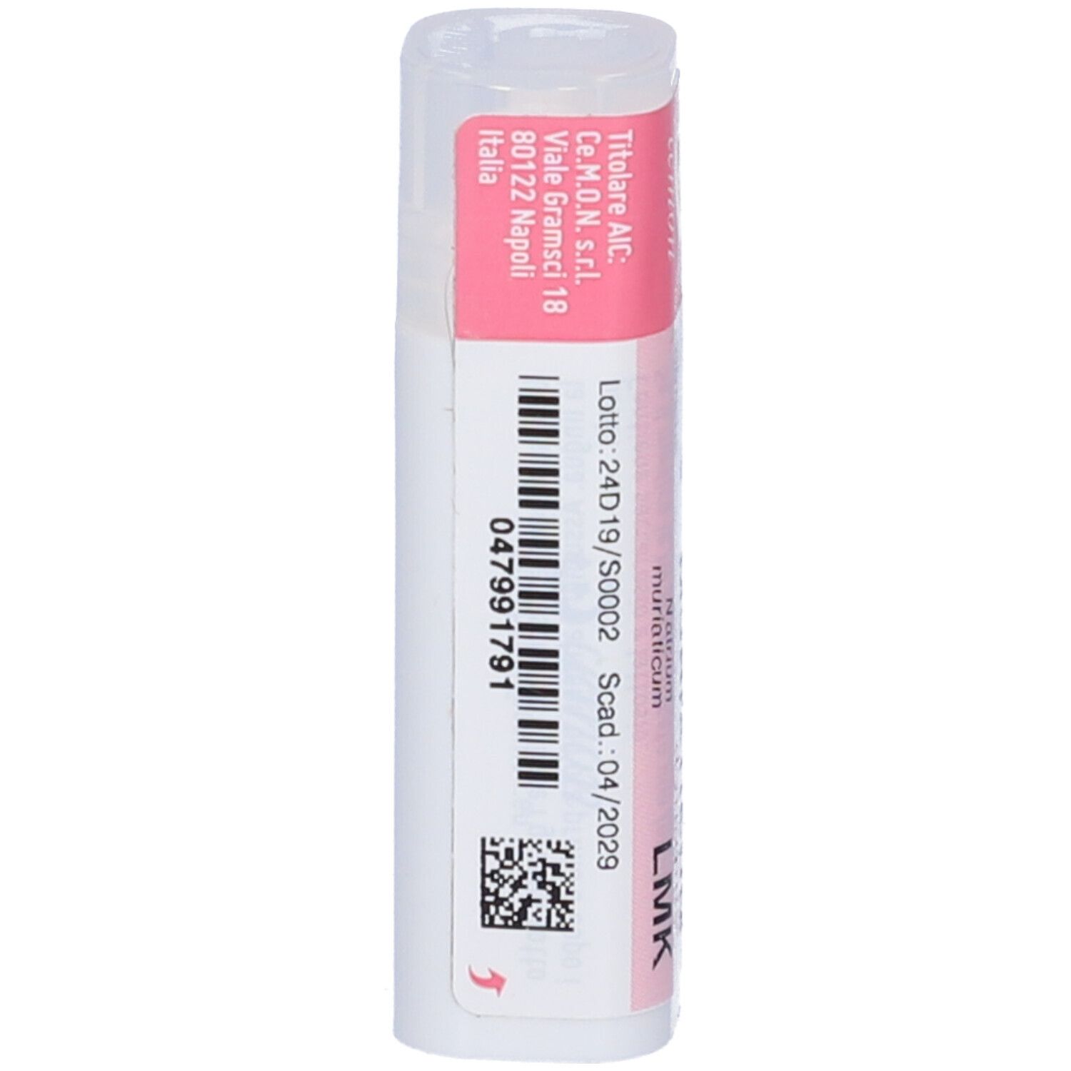 Confezione cilindrica con etichetta rosa e codice a barre. Nome prodotto: Natrium Muriaticum Dynamis LMK.