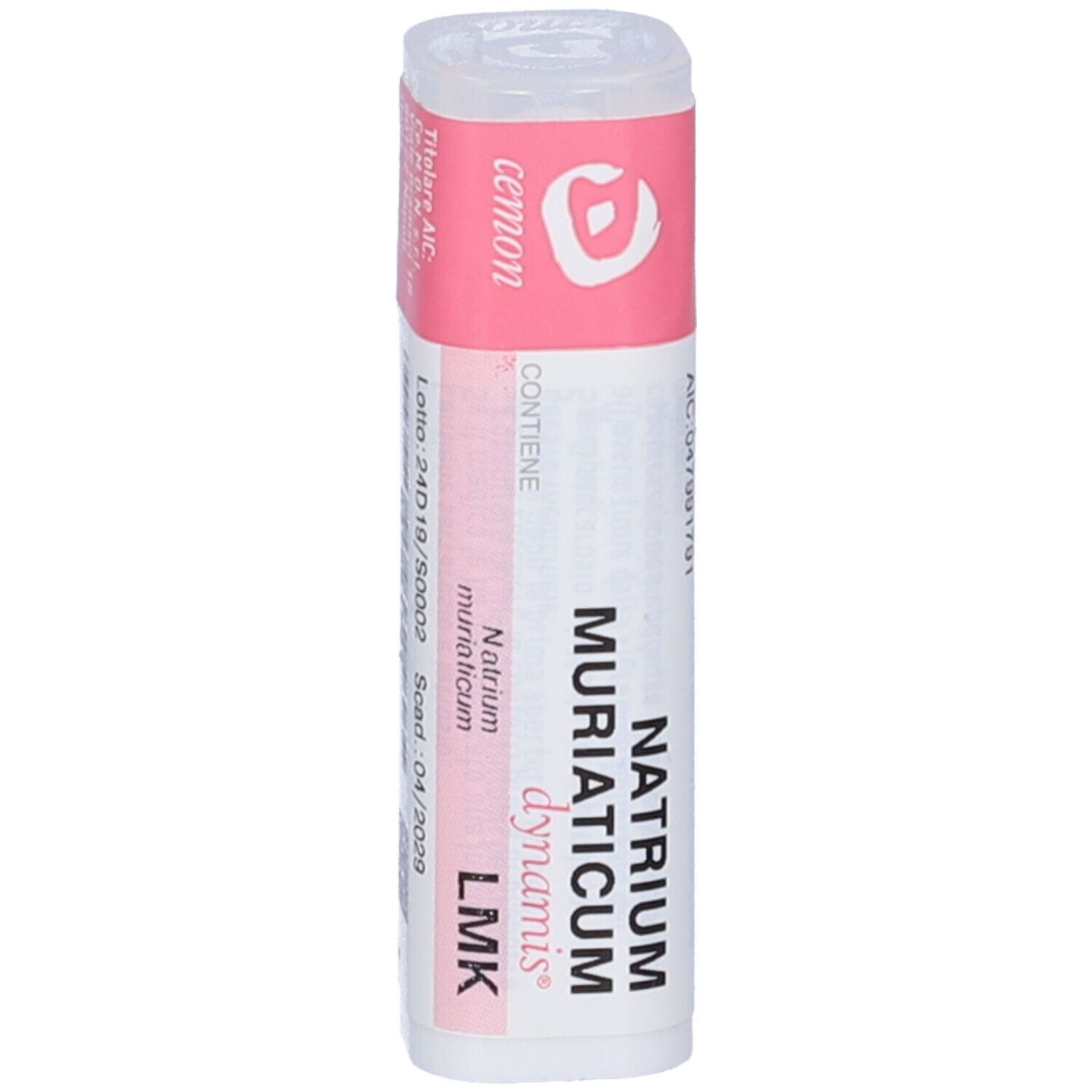 Confezione cilindrica con etichetta rosa. Nome prodotto: Natrium Muriaticum Dynamis LMK.