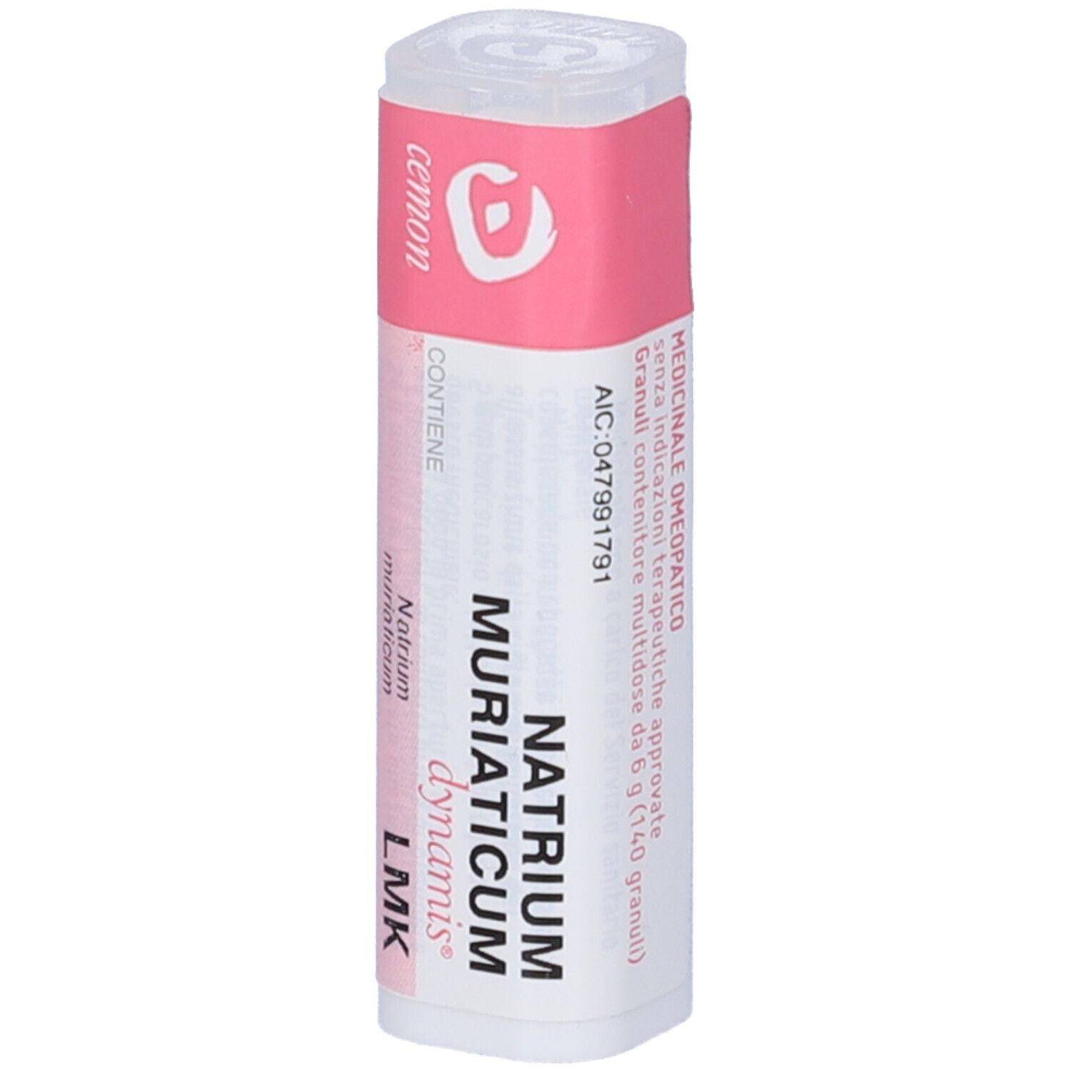 Confezione cilindrica con etichetta rosa. Nome prodotto: Natrium Muriaticum Dynamis LMK.