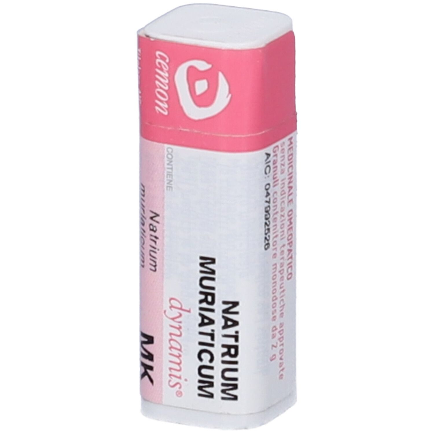 Flacone cilindrico bianco con etichetta rosa. Scritta: Natrium Muriaticum dynamis MK. Logo: Cemon.
