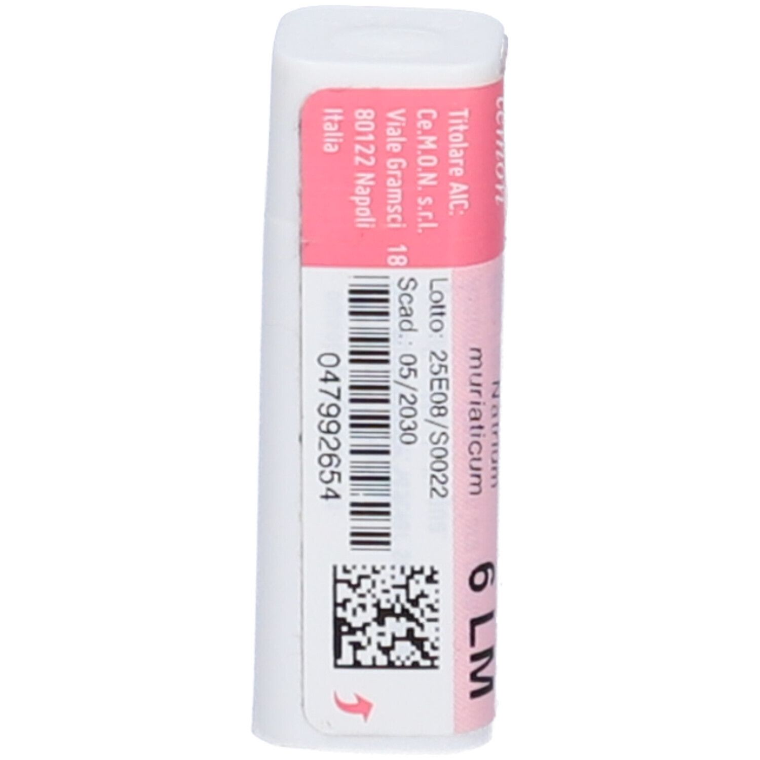 Confezione cilindrica bianca con fascia rosa. Codice a barre, numero di lotto, data di scadenza e altre informazioni.