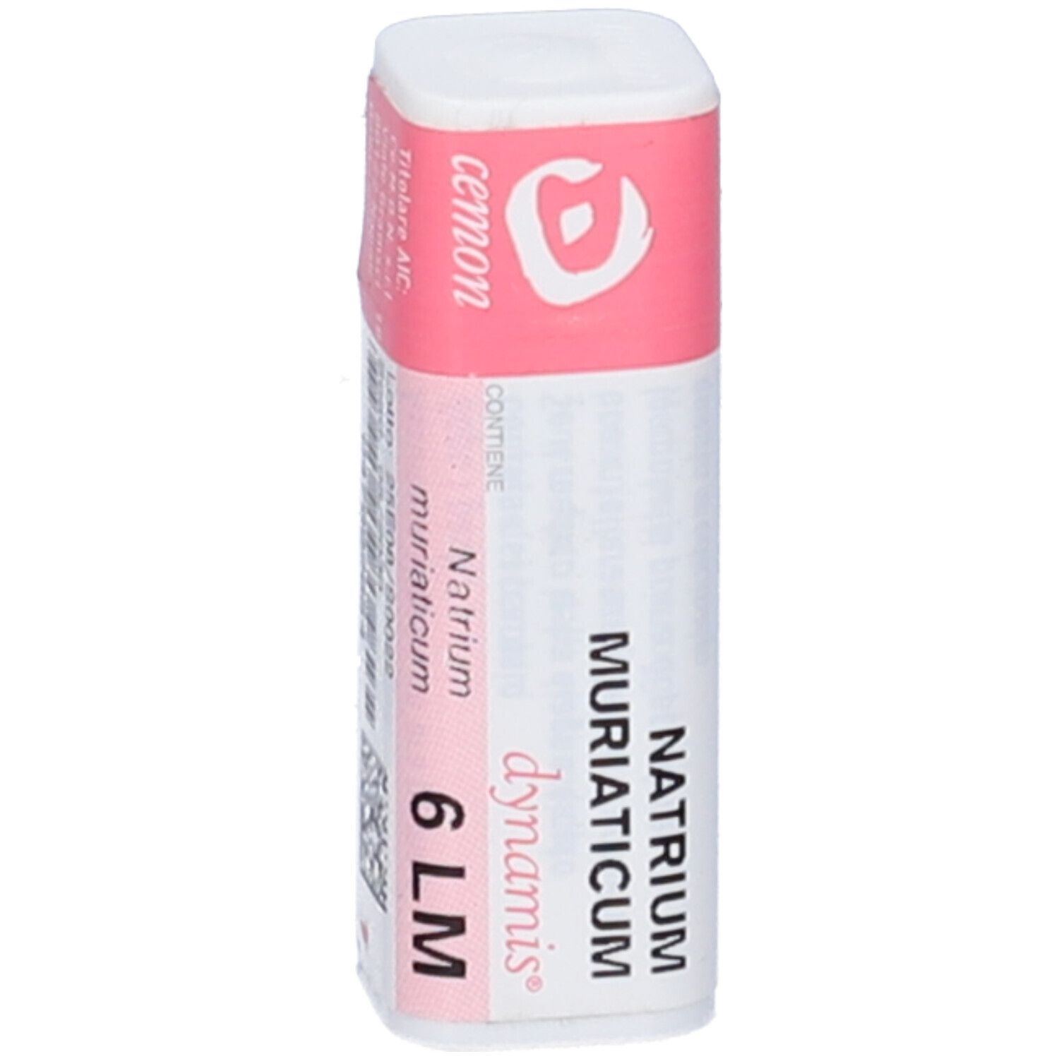 Confezione cilindrica bianca con fascia rosa. Scritta: Natrium Muriaticum 6 LM, dynamis, cemon. Logo.