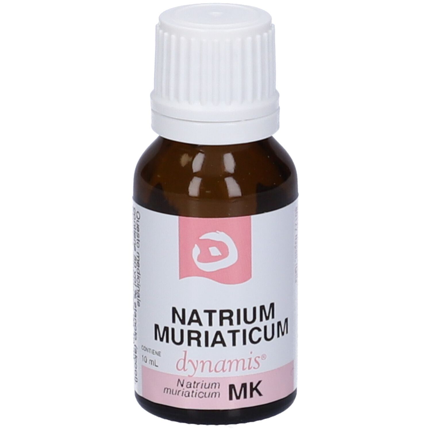 Flacone in vetro marrone con tappo bianco. Etichetta rosa con scritte: NATRIUM MURIATICUM, dynamis, MK.
