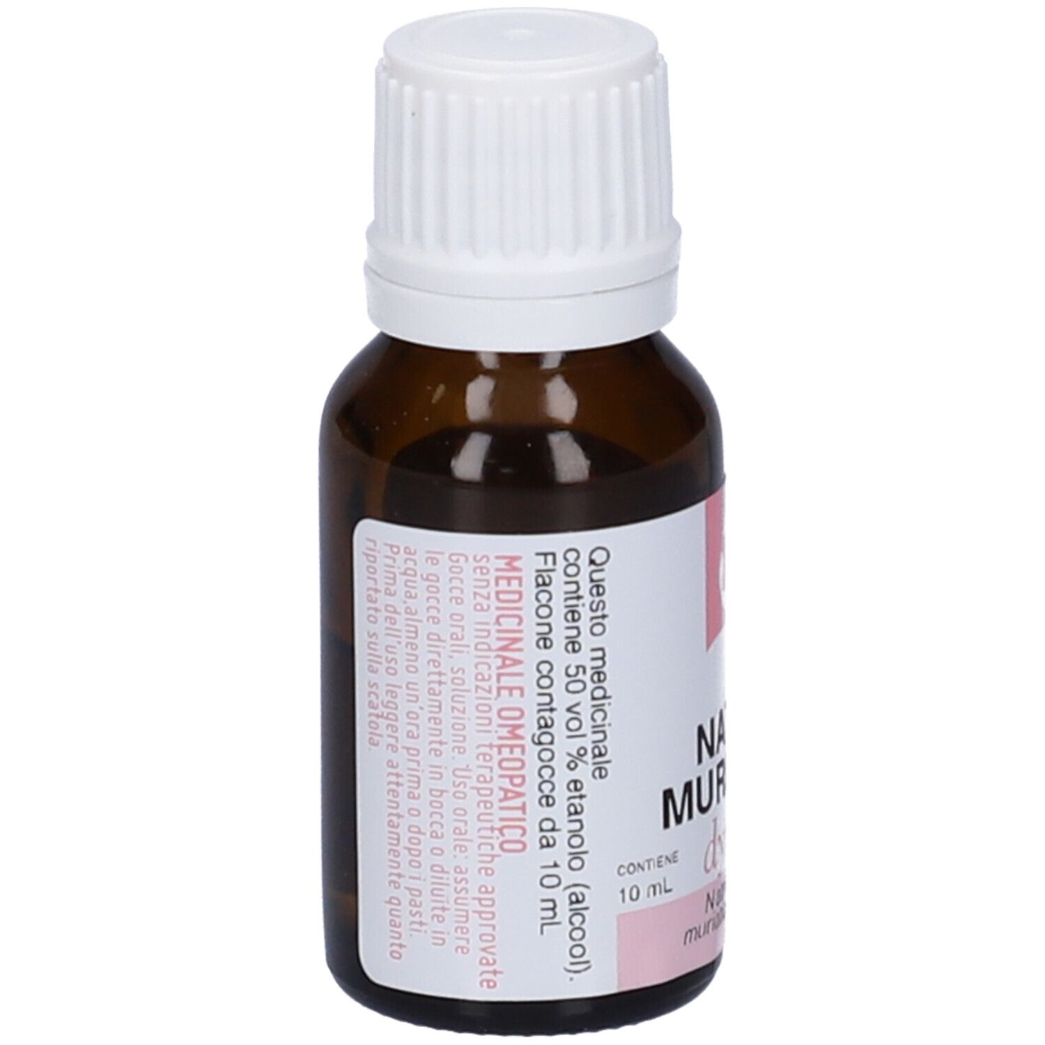 Flacone in vetro marrone con tappo bianco. Etichetta rosa con testo e stampa bianca.
