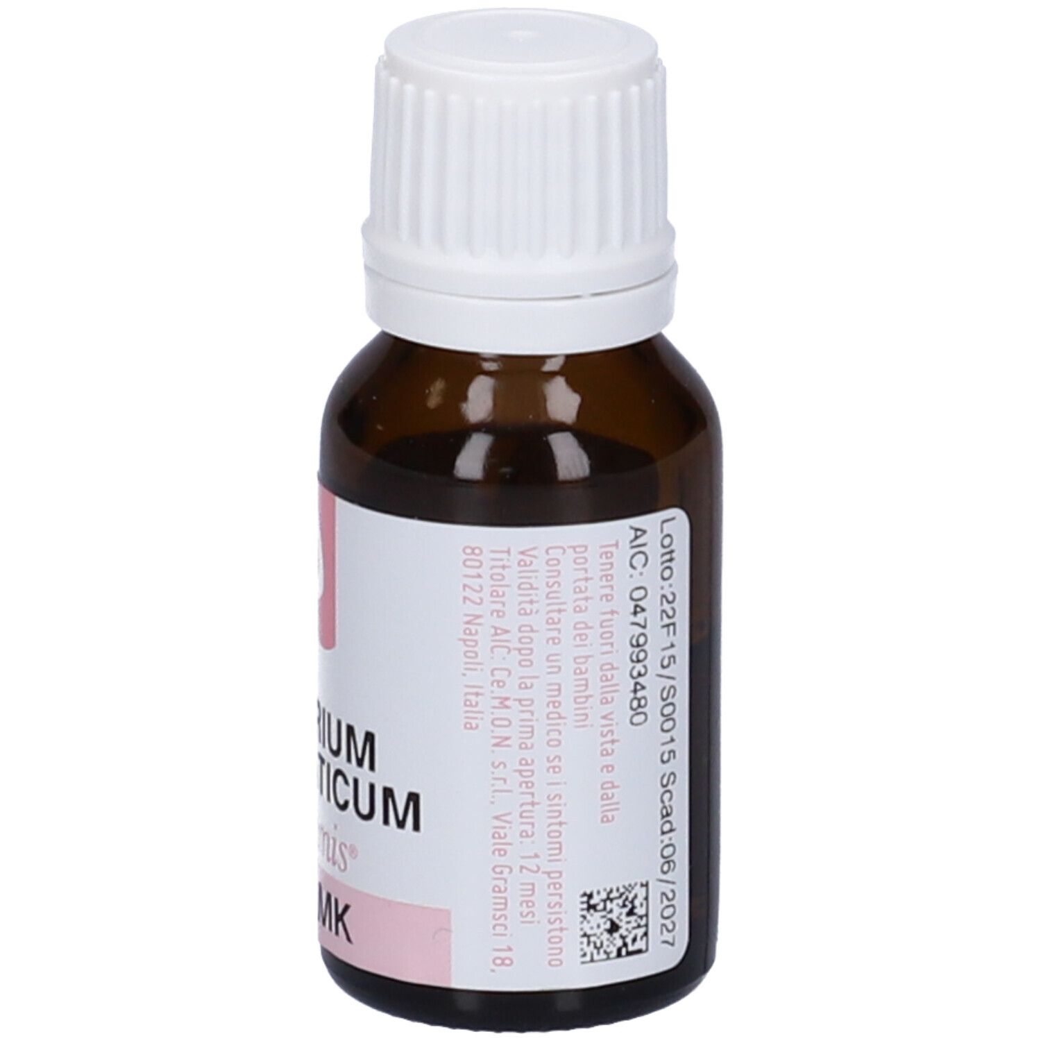 Flacone in vetro marrone con tappo bianco. Etichetta rosa con testo e stampa bianca.