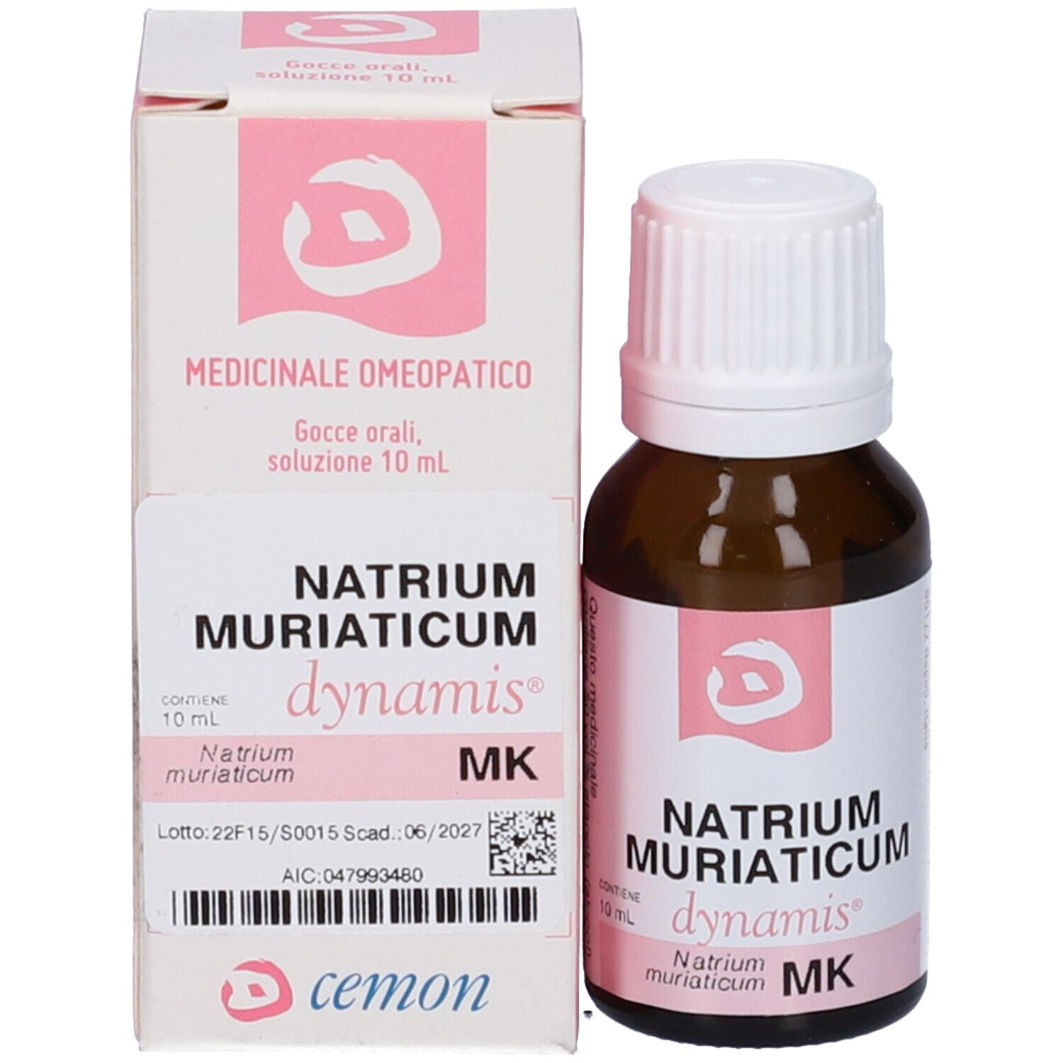 Flacone in vetro marrone con tappo bianco e scatola. Scritte: NATRIUM MURIATICUM, dynamis, MK.
