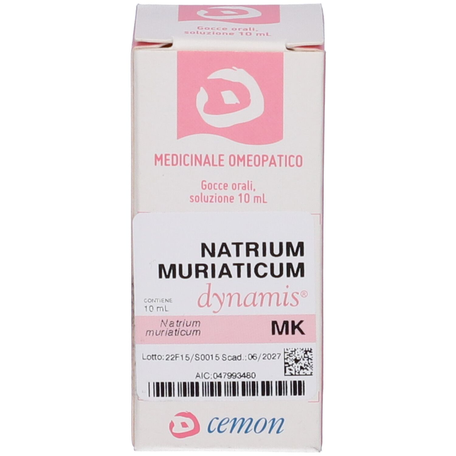 Scatola con scritte: NATRIUM MURIATICUM, dynamis, MK. Flacone accanto.