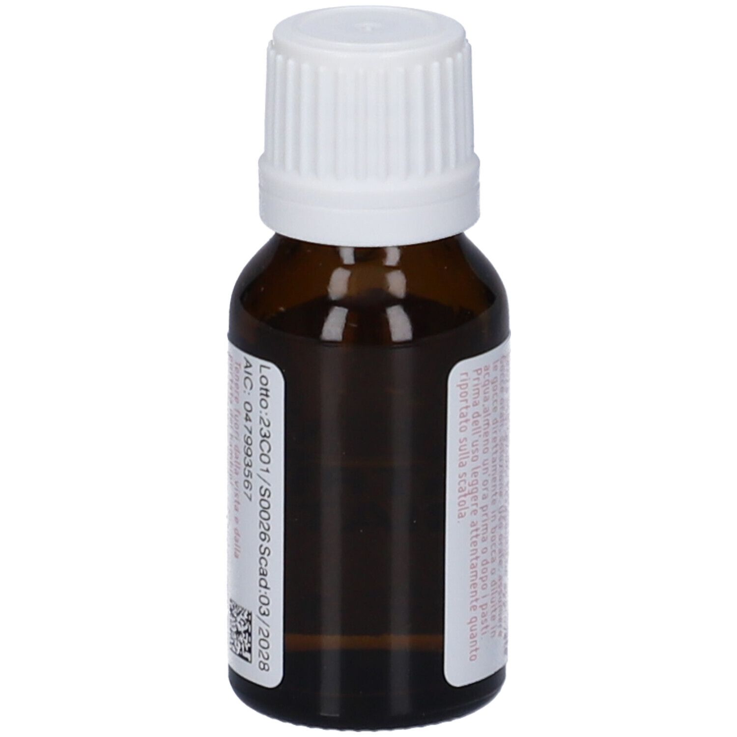 Flacone di vetro marrone con tappo bianco. Etichetta con numero di lotto e data di scadenza. Testo: Natrium Muriaticum DynamisOrale Gtt 1 LM.