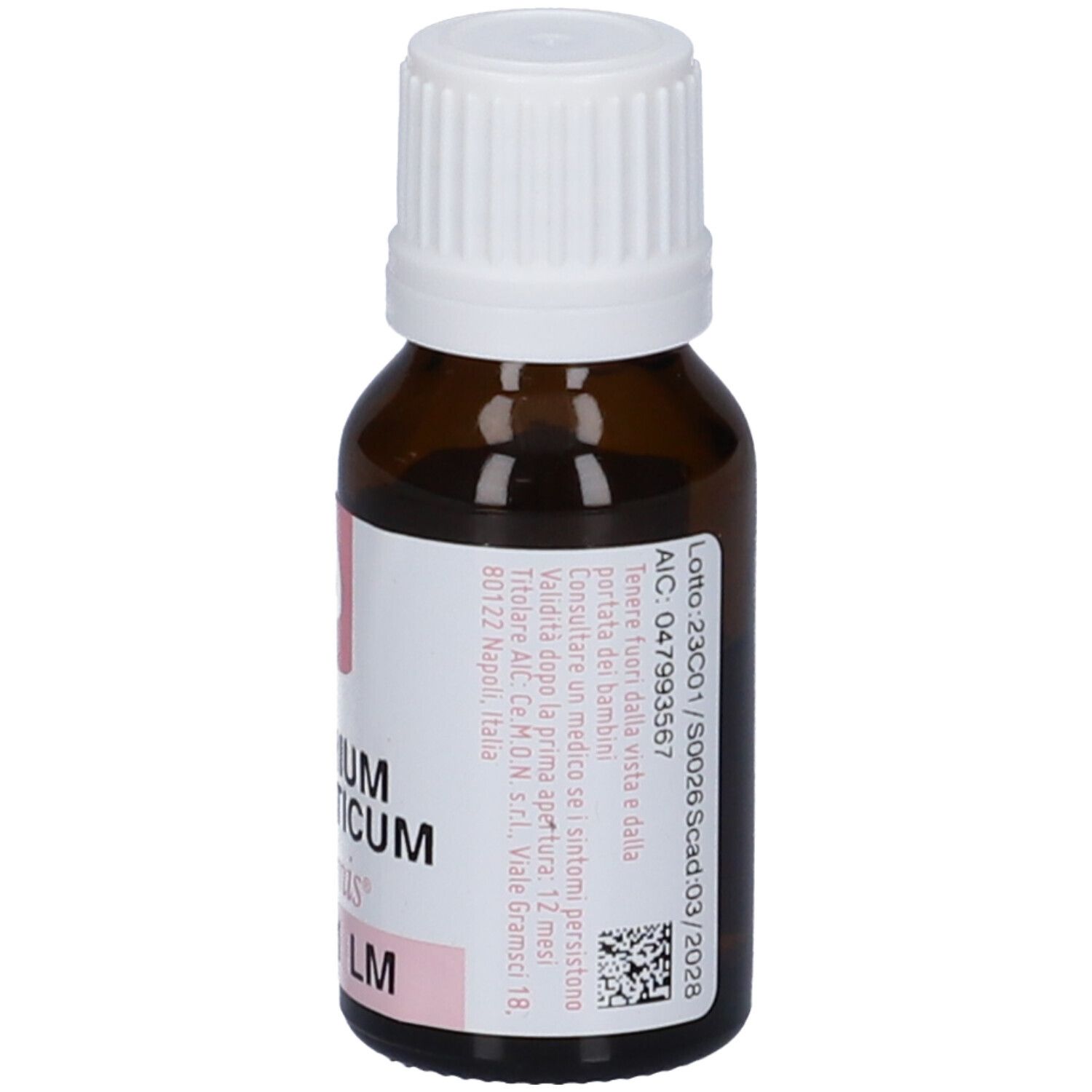 Flacone di vetro marrone con tappo bianco. Etichetta con informazioni sul prodotto. Testo: Natrium Muriaticum DynamisOrale Gtt 1 LM.